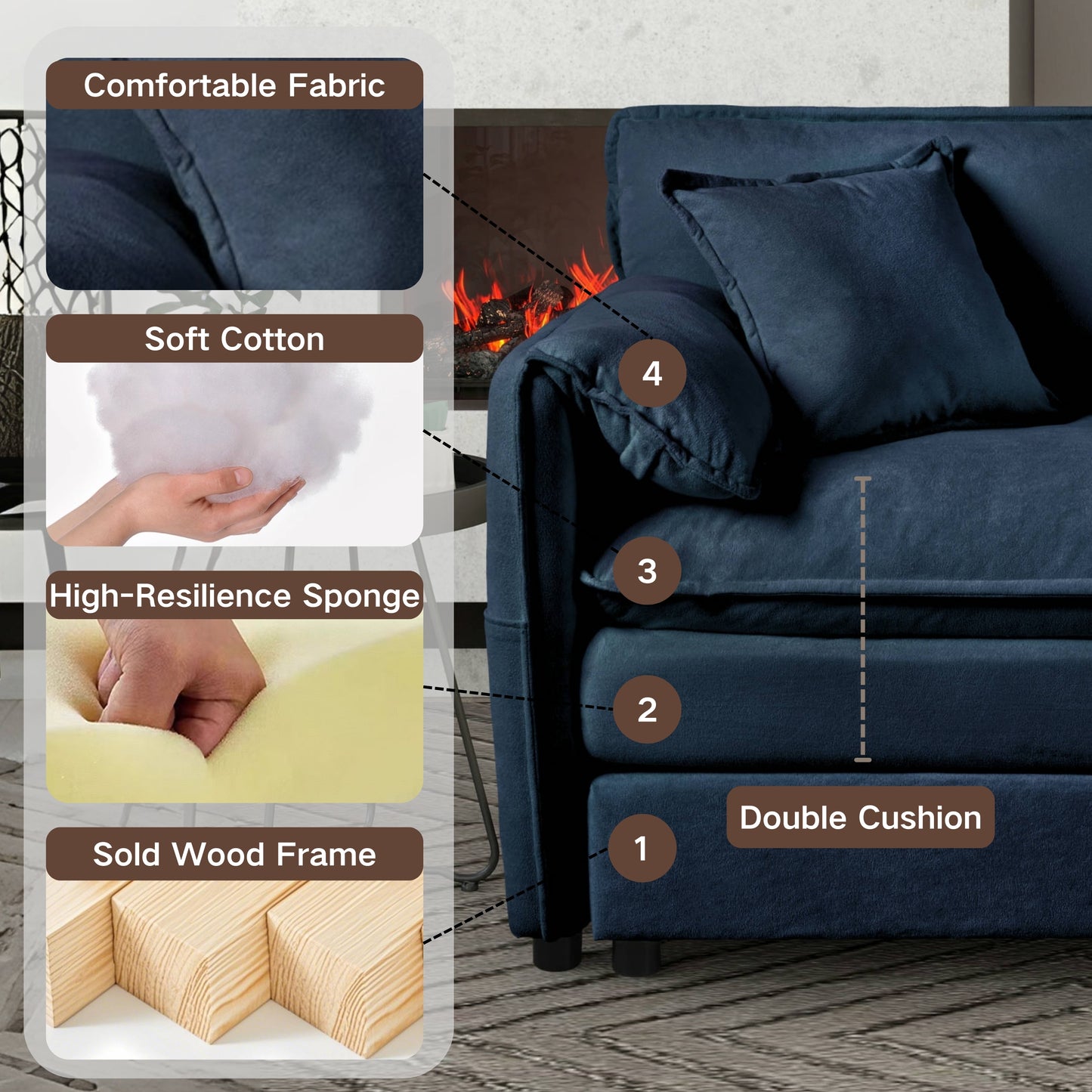 Oversized 41.73" Sofa Chair, Modern Upholstered Armchair with 1 Toss Pillow, Modular Sectional Sofa for Living Room, Deep Seat Reading Sofa for Bedroom Apartment, DIY Combination Chenille,Blue image 6