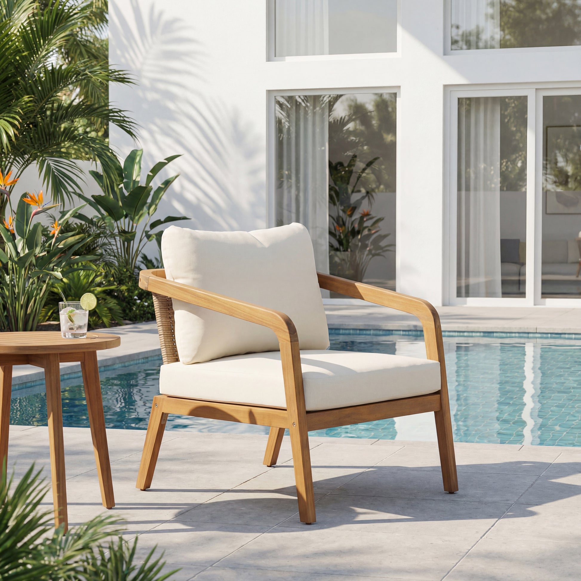Acacia Wood Outdoor Patio Club Chair with PE Wicker Backrest & Cushions– Modern Accent Armchair for Balcony, Poolside, and Sunroom image 1
