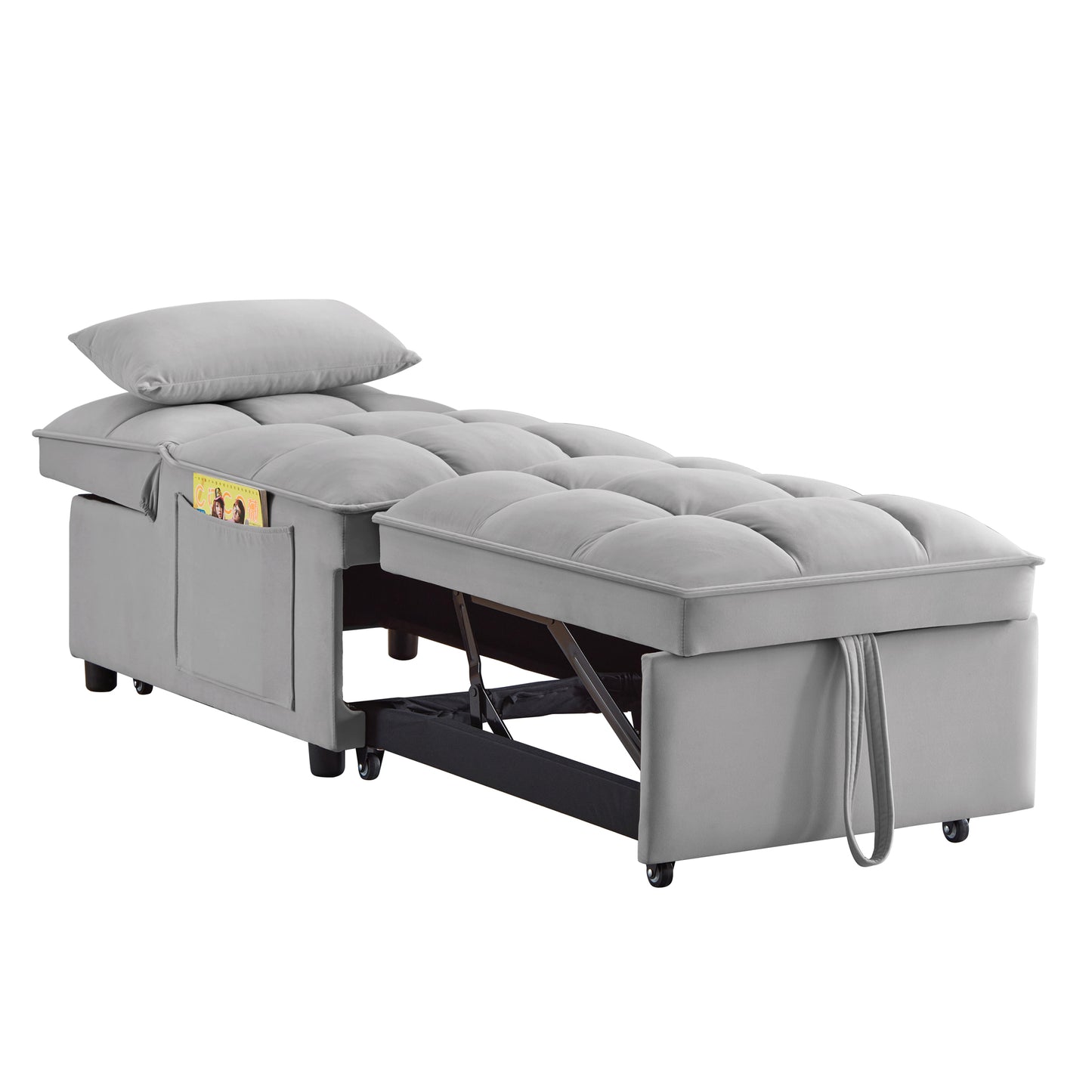 4 in1 Multi-Function Single Sofa Bed with Storage Pockets,Tufted Single Pull-out Sofa Bed with Adjustable Backrest and Pillows,Convertible Chaise Lounge,Gray image 11