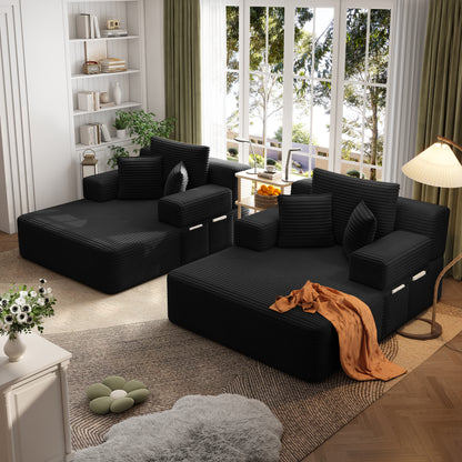 Oversized Double Chaise Lounge 2-Piece Set, Luxurious Plush Corduroy Convertible Sofa Bed with 6 Pillows and Storage Pocket, for Small Spaces,Home Theater, Living Room, Black image 4