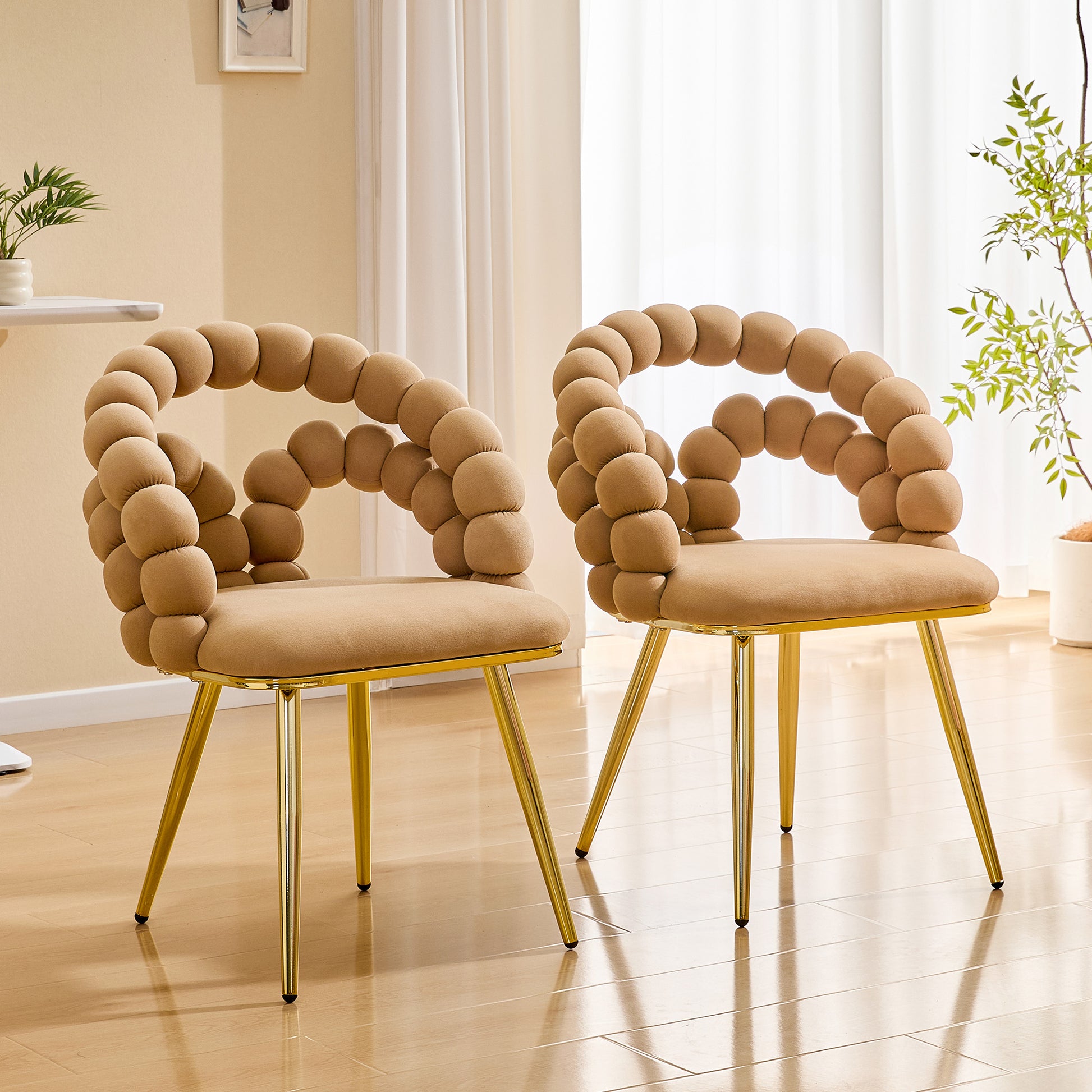 Set of 2 Modern Velvet Dining Chair with Bubble Back, Accent Chair with Gold Metal Legs, Upholstered Vanity Chair for Dining Room, Living Room, Bedroom, Brown & Gold image 1