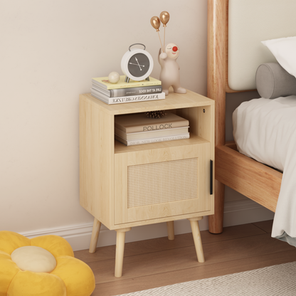22.83'' H Rattan Nightstand, Side Table with Door Open Shelf, Accent Bedside End Table with Solid Wood Legs for Bedroom, Dorm and Small Spaces, Oak image 11
