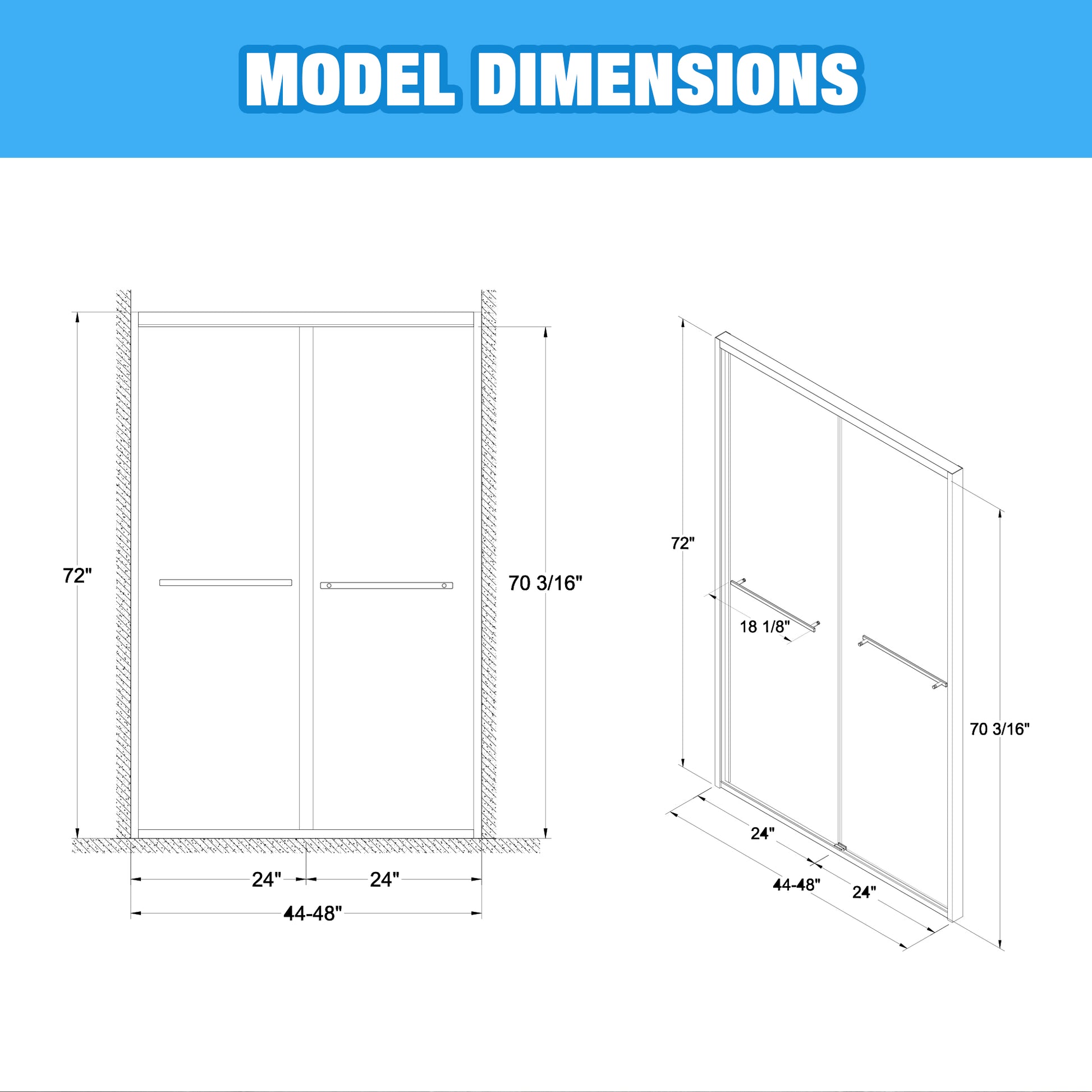 44-48"x72" Aluminum Frame Double Sliding Shower Door,Bypass Bathroom Sliding Door with Premium 5/16" (8mm) Clear Tempered Glass, Black Hardware Sliding Glass Shower Enclosure,Matte Black Finished image 12