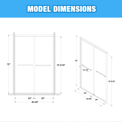 44-48"x72" Aluminum Frame Double Sliding Shower Door,Bypass Bathroom Sliding Door with Premium 5/16" (8mm) Clear Tempered Glass, Black Hardware Sliding Glass Shower Enclosure,Matte Black Finished image 12