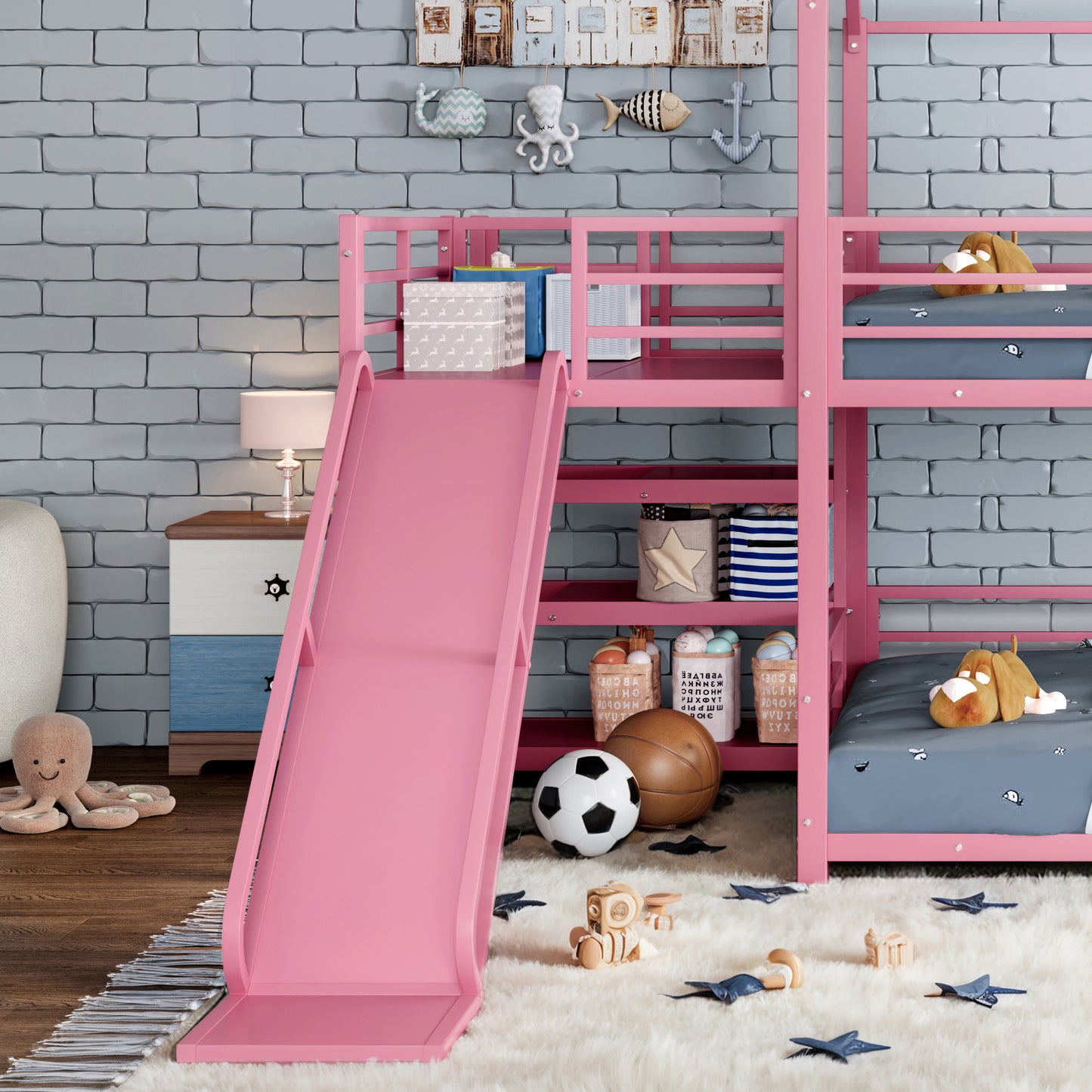 Full Metal House Bunk Bed with Storage Stairs, Slide, Safety Rails, Pink image 7
