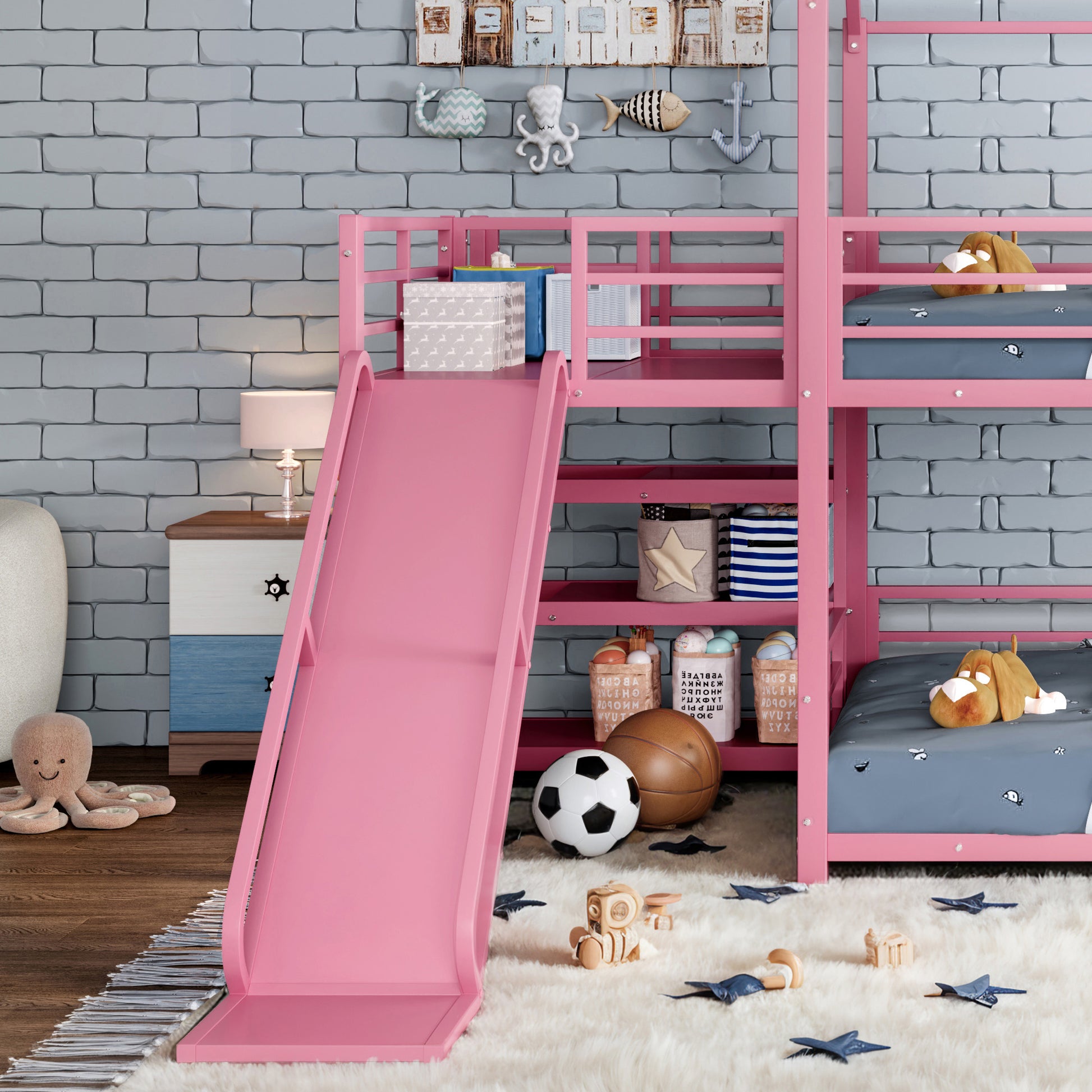 Full Metal House Bunk Bed with Storage Stairs, Slide, Safety Rails, Pink image 7