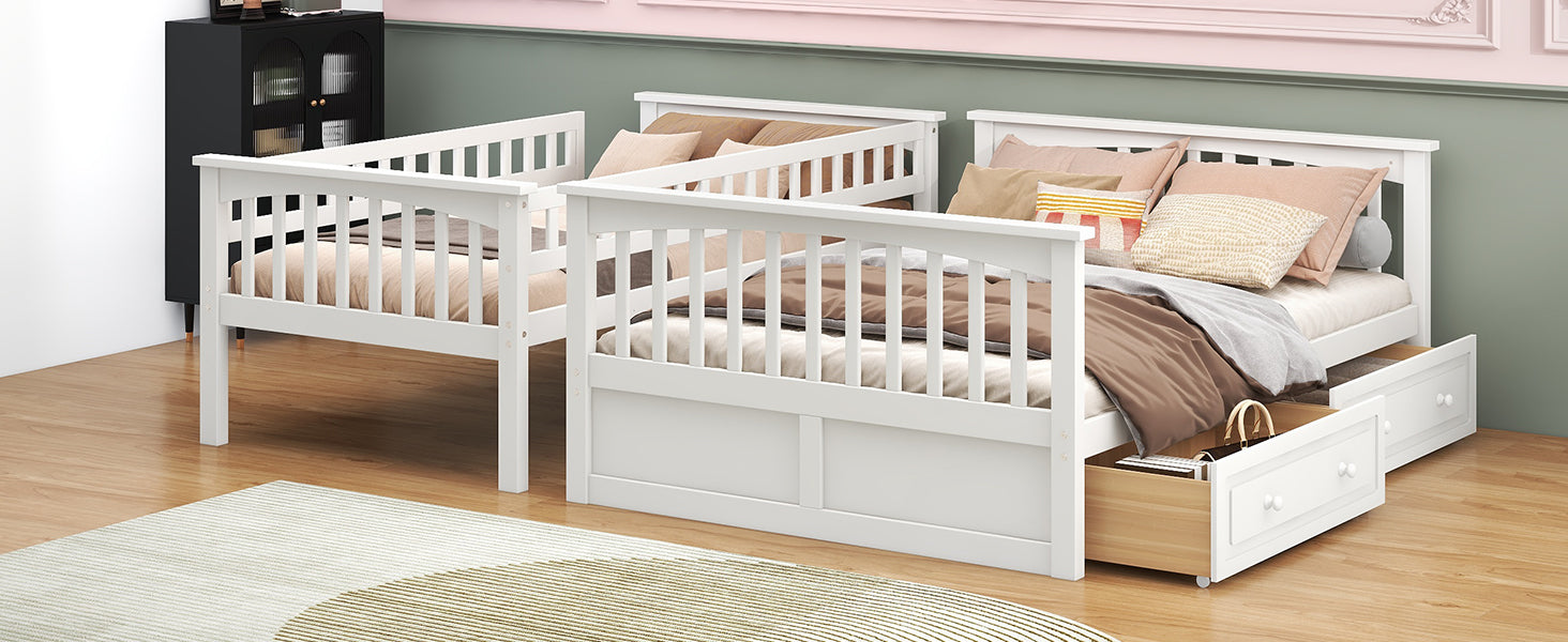 Twin over Full Bunk Bed with Drawers, Convertible Beds, White image 8