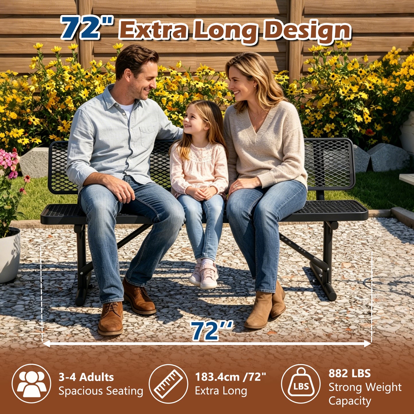72" Heavy Duty Metal Picnic Bench for 3-4 Adults, Outdoor Dining Table with 882LBS Capacity, Galvanized Steel Rustproof Frame, Diamond Mesh Top – For Garden, Patio, Park, School, Commercial image 6