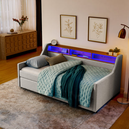 Twin Size Upholstery Sofa Bed with Three LED lights, with Storage Adjustable Headboard, with Two Storage Pull Up drawers and Wireless Charging, Linen Padded Sofa Bed frame, Beige image 2