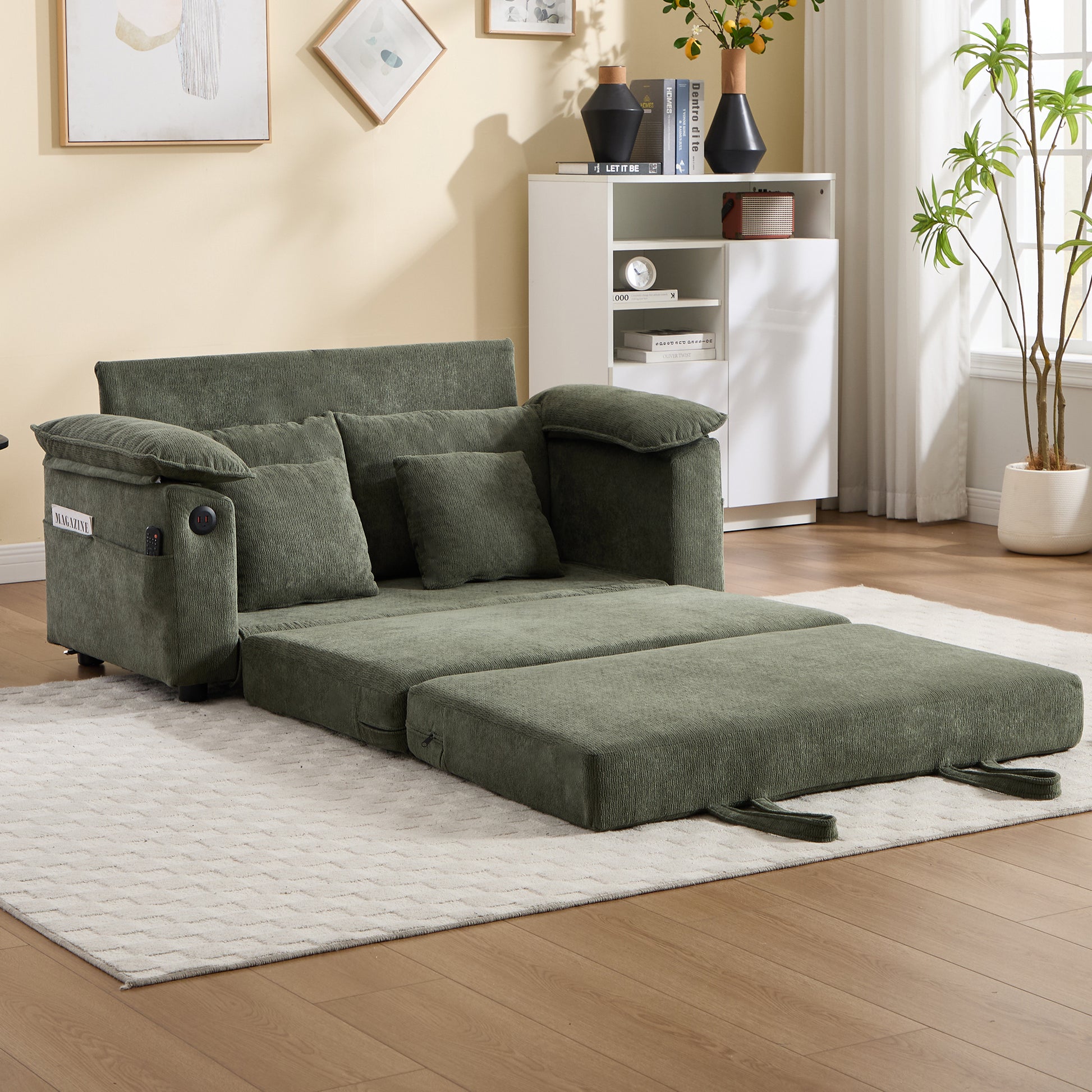 58 inch 3-in-1 Upholstered Futon Sofa Convertible Floor Sofa bed,Foldable Tufted Loveseat with Pull Out Sleeper Couch Bed,Folding Mattres Love Seat Daybed W/Side Pockets for Living Room Green image 1