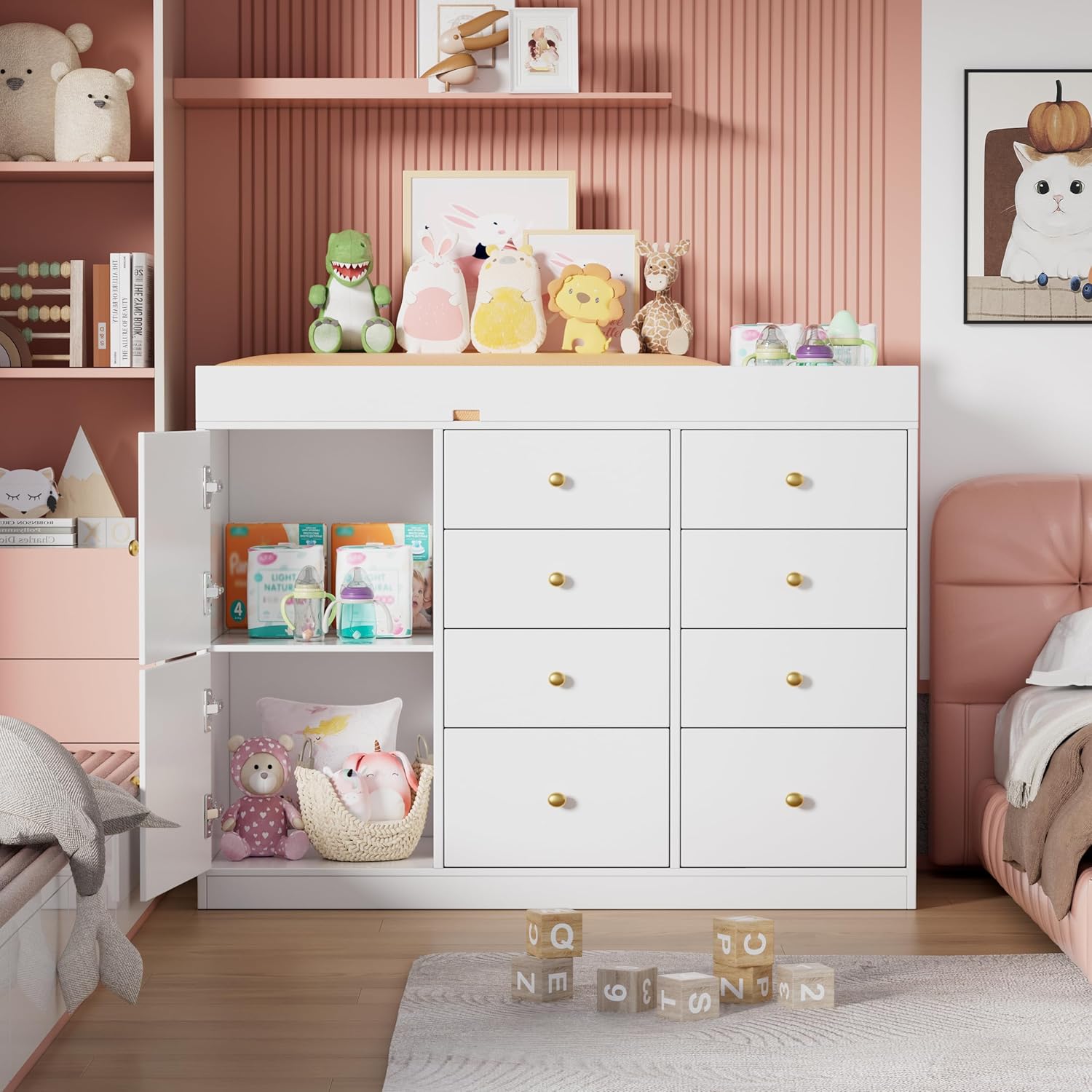 Baby Classic Nursery Dresser with 8 Drawers and 2 Cabinet, Multi-Functional Baby Changing Table, Diaper Changing Station for Children's Room image 5