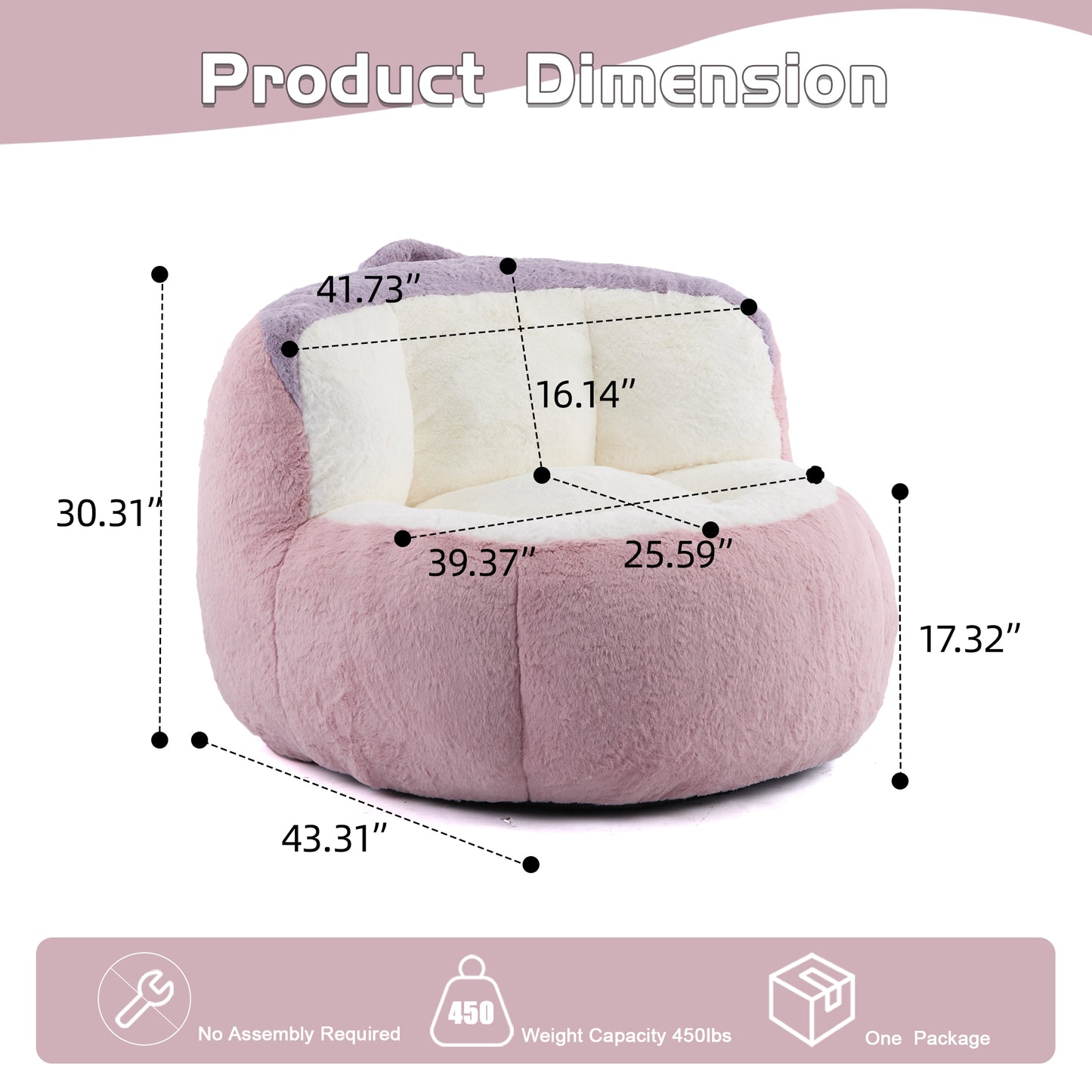 Oversized Bean Bag Chairs,Multicolor Faux Fur Couch Filled with Shredded Sponge,Large Lounger Sofa For Living Room,No Assembly Required, Pink+White+Purple image 4