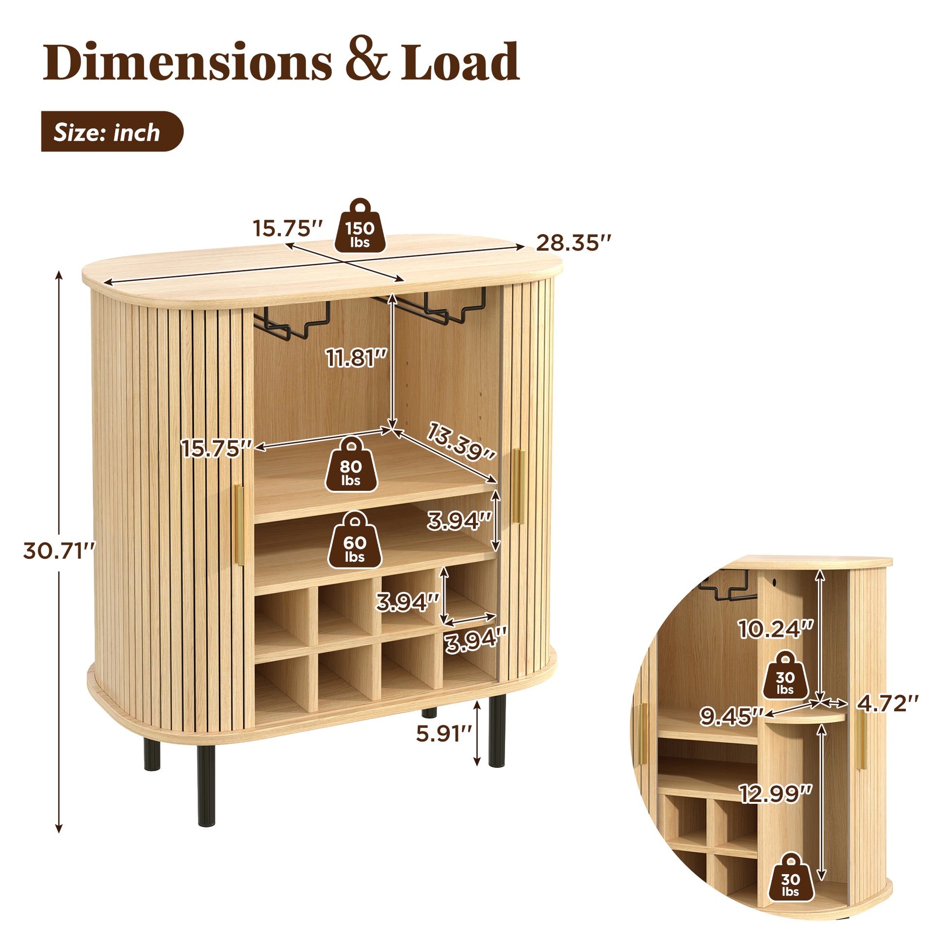 28" Fluted Wine Bar Cabinet with 8-Grid Wine Rack, 5-Level Adjustable Shelves, 2 Glass Holders, Smoothly Sliding Tambour Doors, 4 Hidden Storage Space on the Side,Modern Liquor Coffee Station, Natural image 2