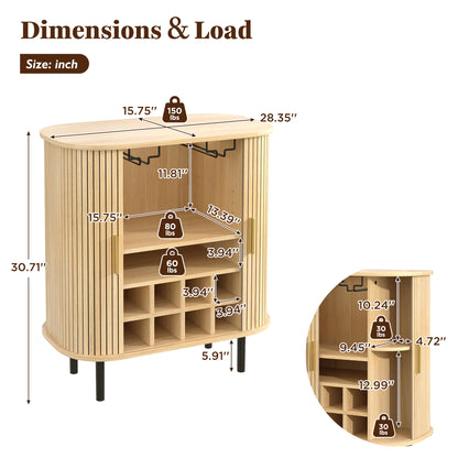 28" Fluted Wine Bar Cabinet with 8-Grid Wine Rack, 5-Level Adjustable Shelves, 2 Glass Holders, Smoothly Sliding Tambour Doors, 4 Hidden Storage Space on the Side,Modern Liquor Coffee Station, Natural image 2