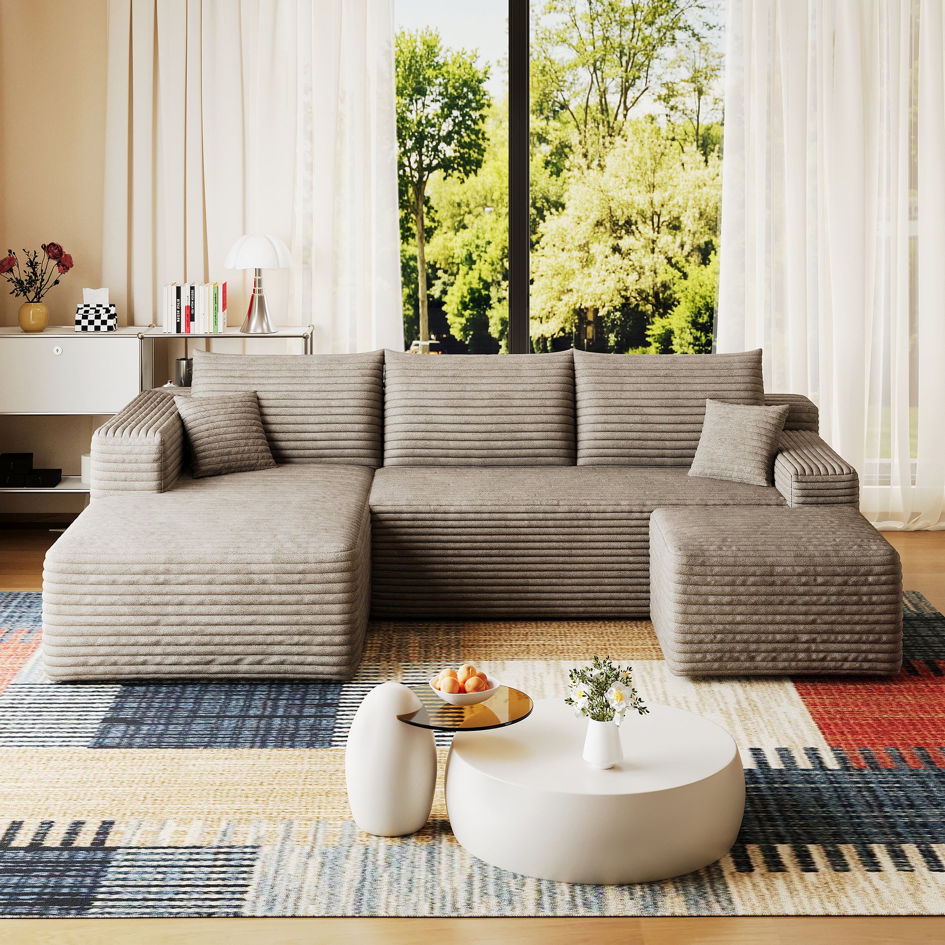 95" Cloud Sectional Sofa with 1 Ottoman,Modern Minimalist Upholstered Couches, Comfort U Shaped Sofa for Living Room,Deep Seat Corner Couch,No Assembly Required,Camel((Plush Corduroy Fabric) image 6