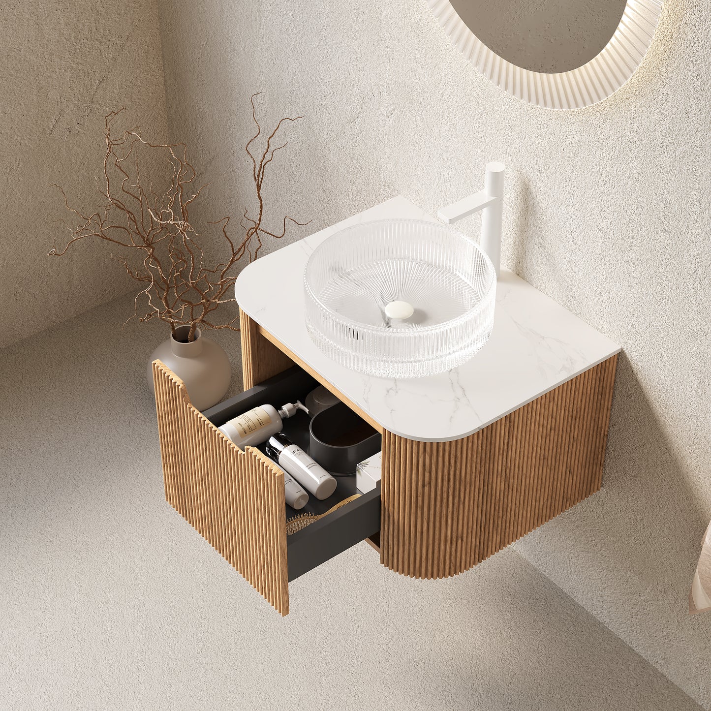 DINA 24" Bathroom Vanity with Sink, Wall-Mounted Floating Curved Edges Striped Storage Cabinet with Drawer, Transparent Round Glass Basin and Countertop, Pre-assembled, Natural Woodgrain Color image 2