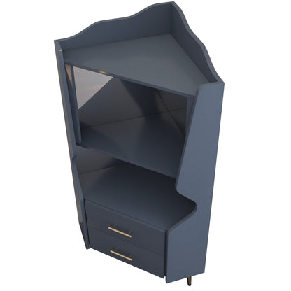 Wooden Corner bar cabinet with 2 open storage shelves and 2 drawers, mirrored back sideboard cabinet, high feet/legs for easy cleaning, buffet cabinet BLUE image 7