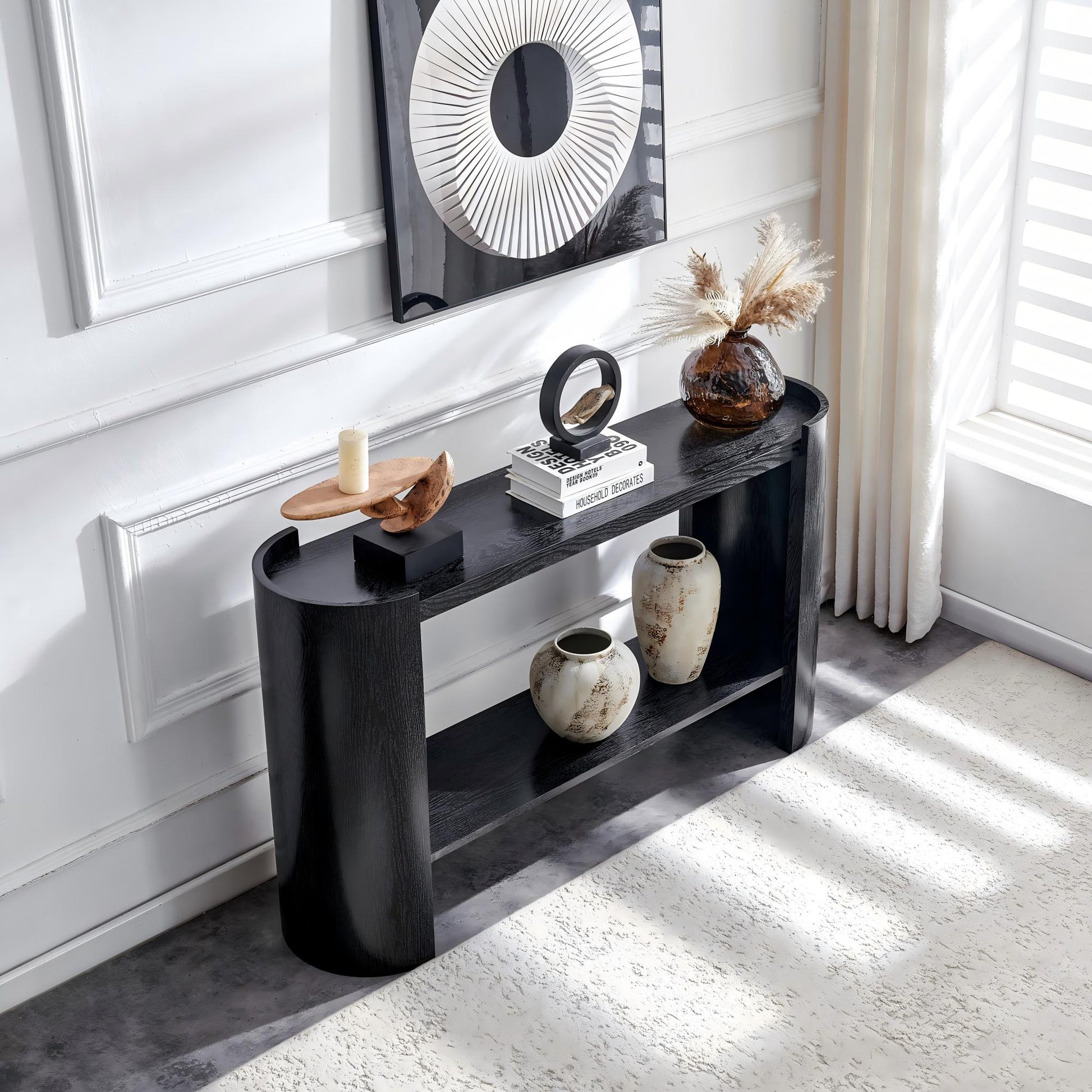 Double-layer Black curved foyer table - Black wood grain minimalist entrance small space living room sofa side table image 2