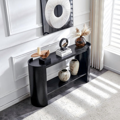 Double-layer Black curved foyer table - Black wood grain minimalist entrance small space living room sofa side table image 2
