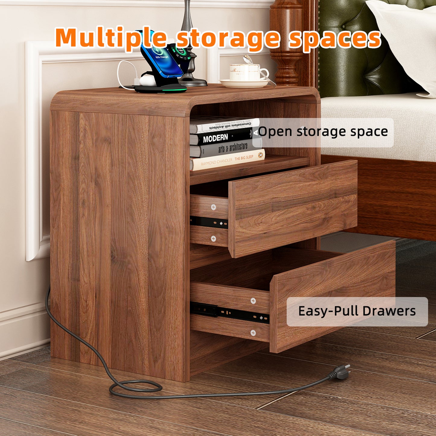 25" Tall Modern Nightstand with Charging Station, 23.6'' Wide Wood Bedside Table w/2 Storage Drawers, Large Mid Century End Table for Bedroom, Living Room, Curved Profile Design (WALNUT) image 7