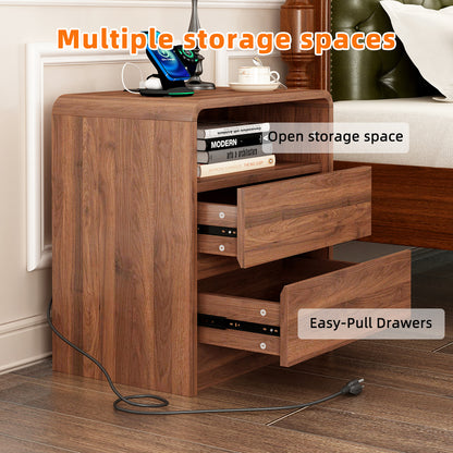 25" Tall Modern Nightstand with Charging Station, 23.6'' Wide Wood Bedside Table w/2 Storage Drawers, Large Mid Century End Table for Bedroom, Living Room, Curved Profile Design (WALNUT) image 7