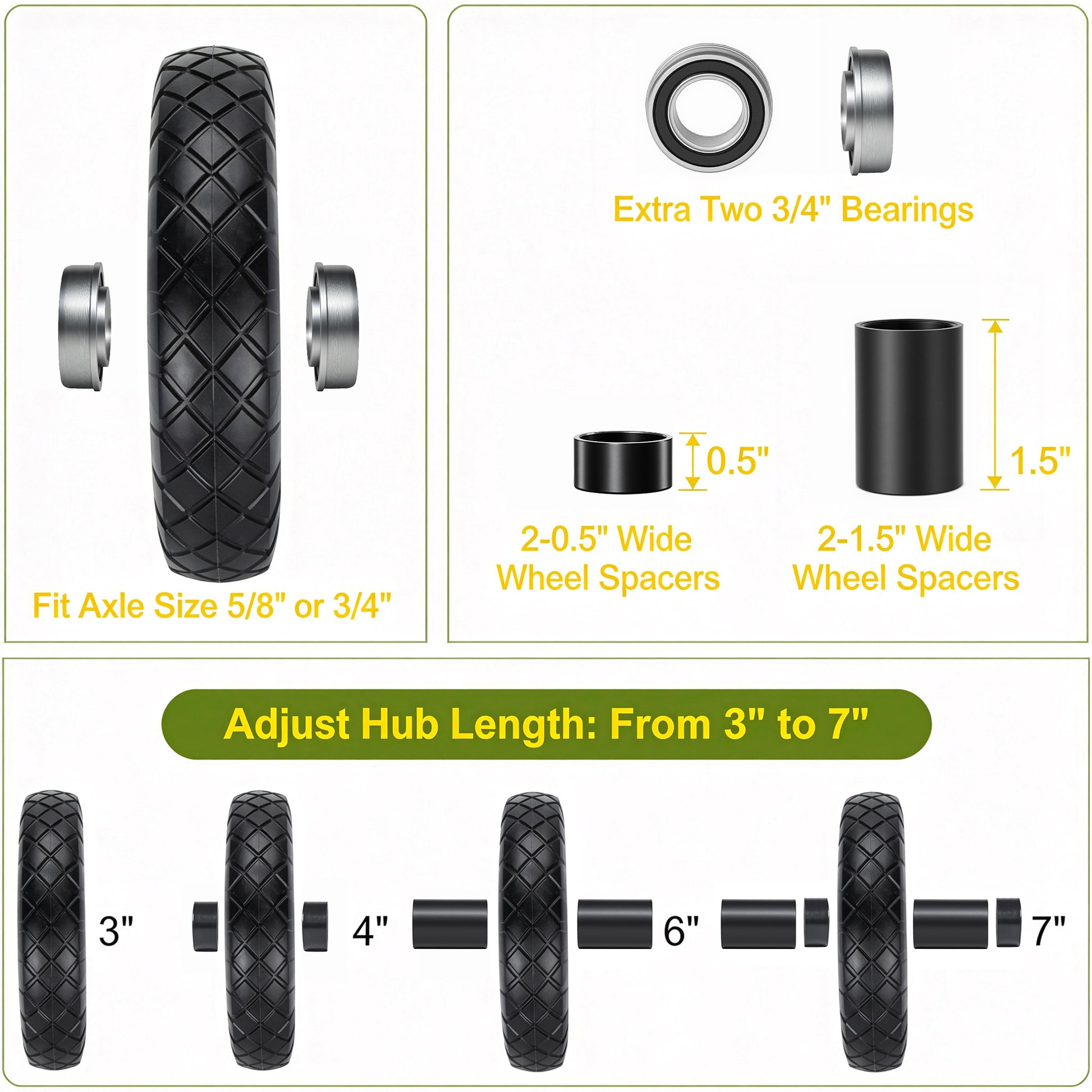 4.80/4.00-8 Flat-Free Solid Wheelbarrow Tire and Wheel, 16" Solid Tire with 5/8" & 3/4" Bearings, 3" Hub for Hand Truck, Garden Cart, Trailer, Trolley, Wagon (Set of 1) image 3