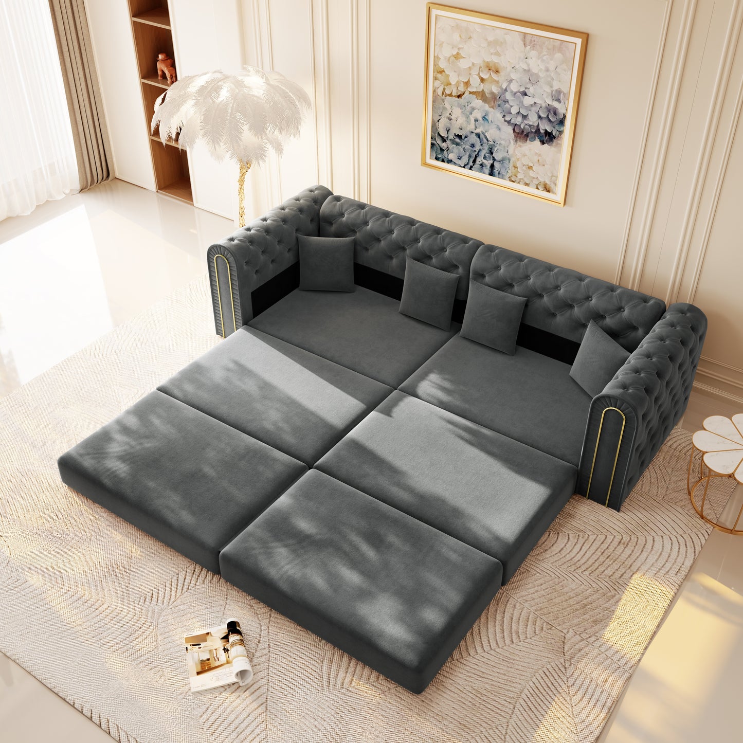 90.6" 3-in-1 Convertible Sleeper Sofa,Elegant Modern Couch with Button Tufted and Gold Edge Trim,3-Seater Couch with Movable Ottoman for Living Room,Apartment,Office,Bedroom,Dark Grey image 8