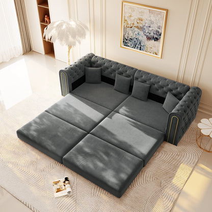 90.6" 3-in-1 Convertible Sleeper Sofa,Elegant Modern Couch with Button Tufted and Gold Edge Trim,3-Seater Couch with Movable Ottoman for Living Room,Apartment,Office,Bedroom,Dark Grey image 8