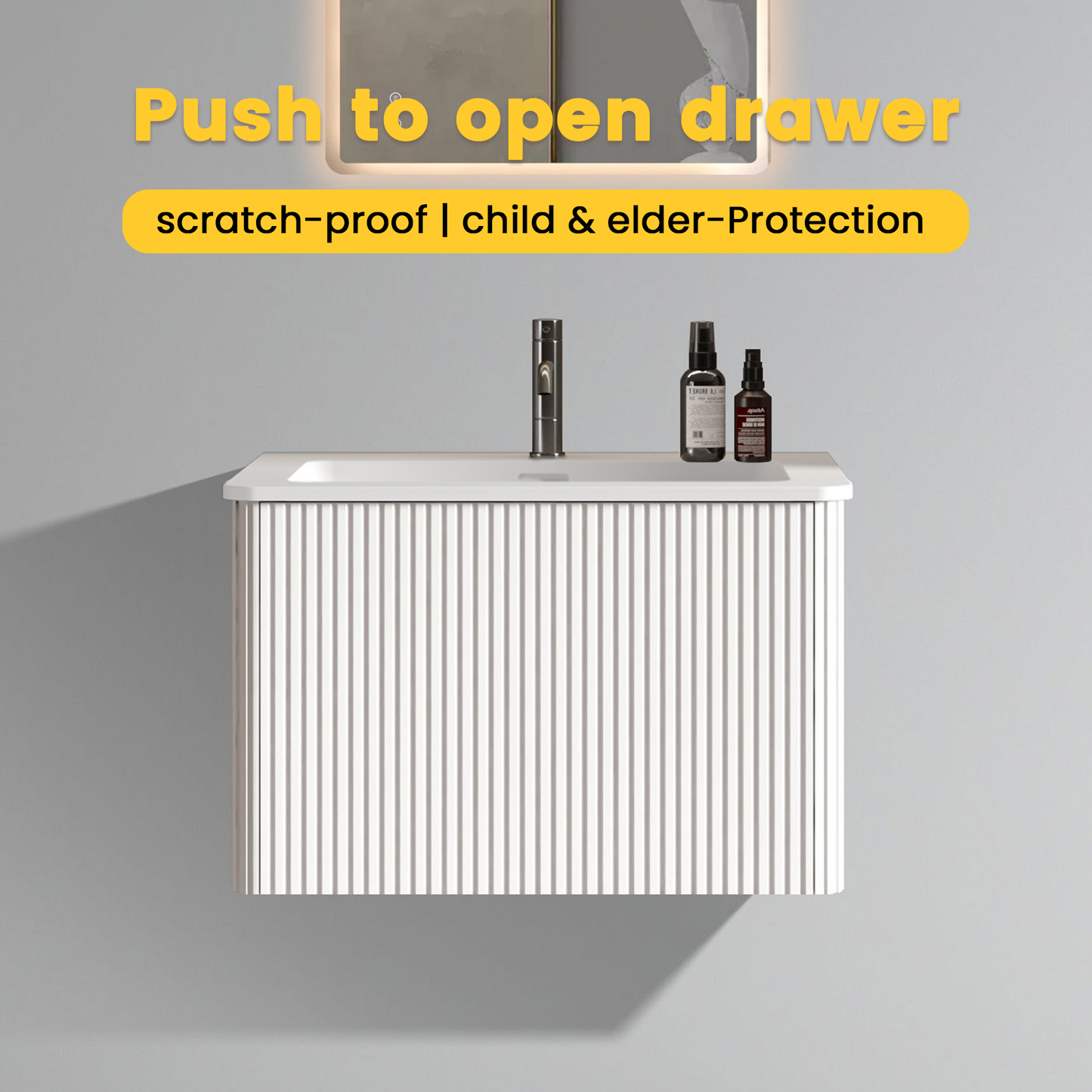 U059-Etna24W-301 Etna 24" Striped Soft White Bathroom Vanity with White Ceramic Sink, Wall Mounted Floating Bathroom Vanity for Modern Bathroom, One-Piece White Sink Basin without Drain, Pre-assembled image 3