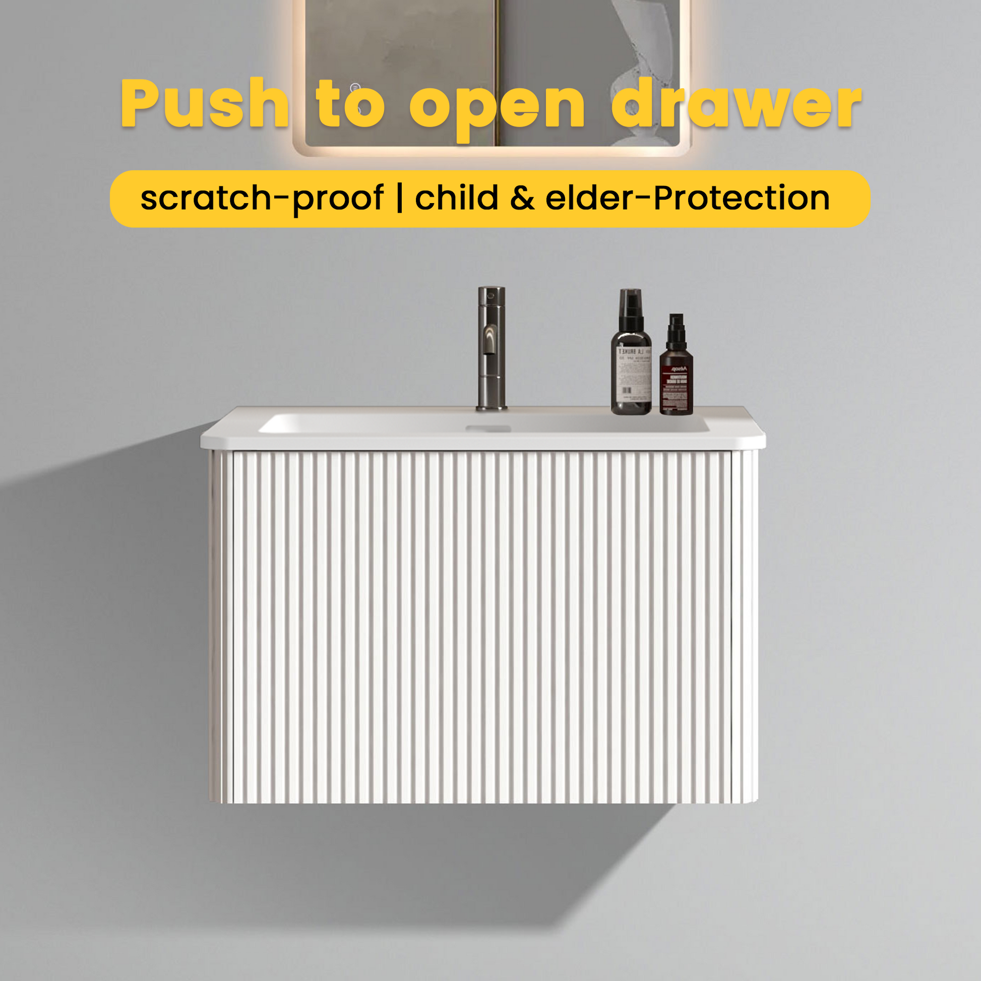 U059-Etna24W-301 Etna 24" Striped Soft White Bathroom Vanity with White Ceramic Sink, Wall Mounted Floating Bathroom Vanity for Modern Bathroom, One-Piece White Sink Basin without Drain, Pre-assembled image 3