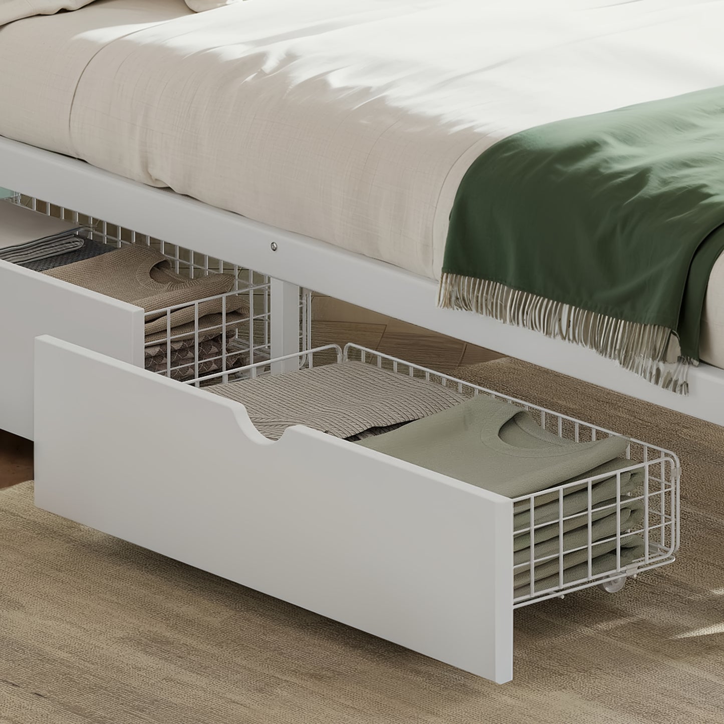 Queen Size Platform Bed with Storage Drawers, Metal Daybed Frame with Upgraded Safety Round-Pipe Design, Low Profile Design, White image 6