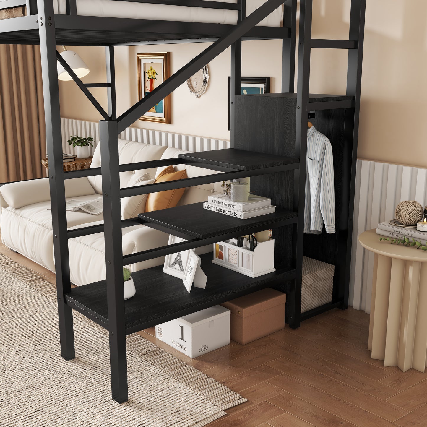 Twin Size Loft Bed with Stairs, Metal Full Loft Bed with Storage Shelves, High Loft Bed with Wardrobe for Kids Teens, Black image 5
