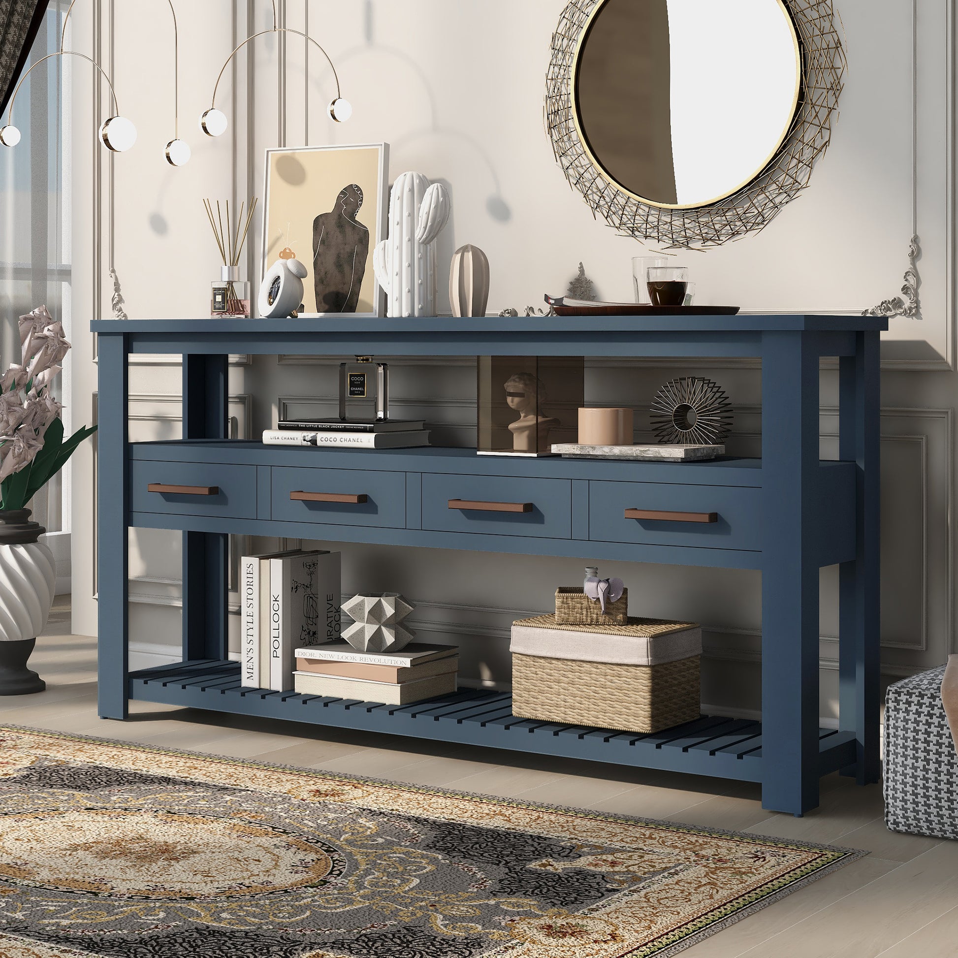 U_STYLE 61.5''Large Entryway Table with 4 Drawers,Painted Console Table with 3-Tier Open Shelves and Metal Handles,Versatile Hallway Sofa Table for Living Room, Bedroom, Foyer and Kitchen image 1