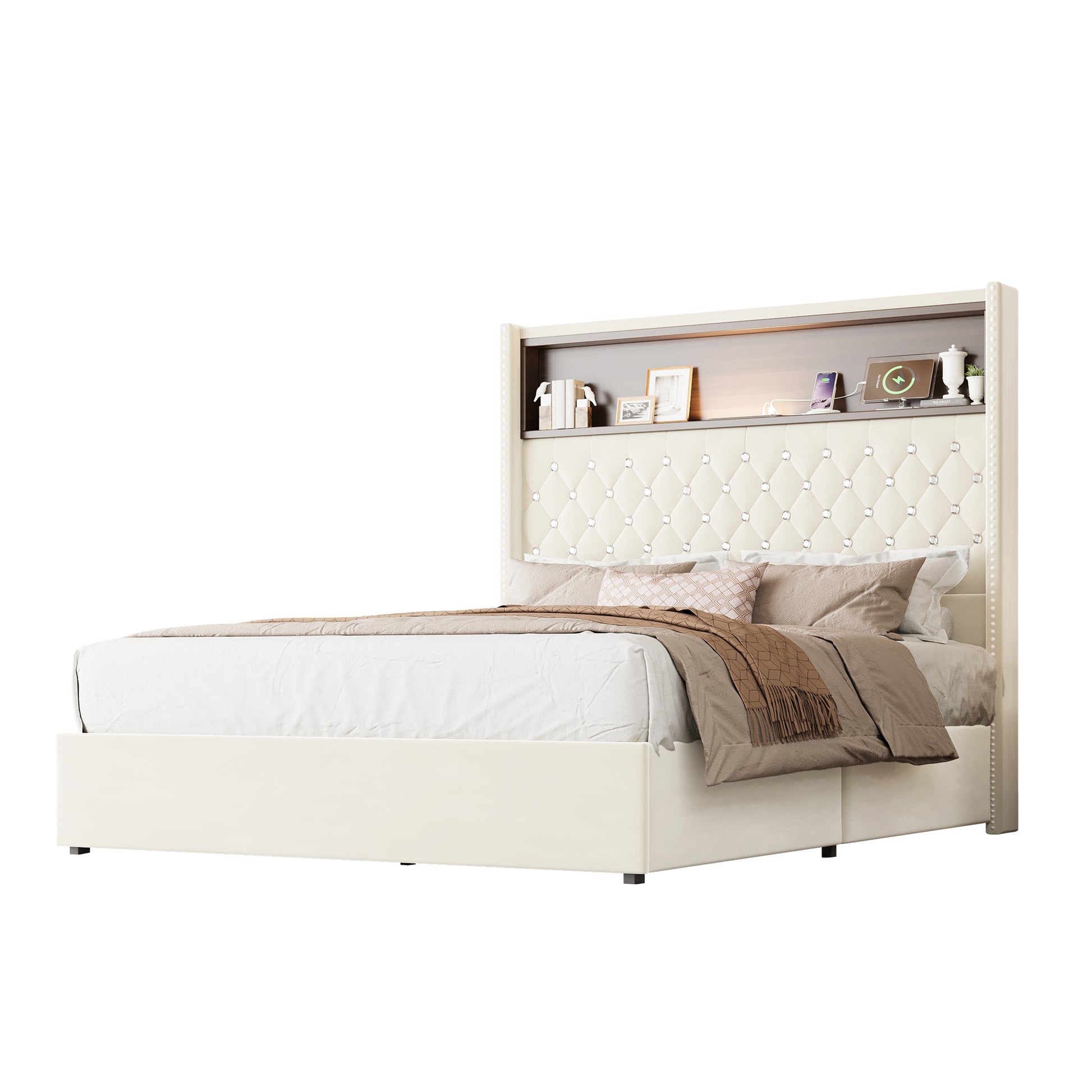 Full Size Velvet Tufted Soft Bed Frame with USB Port and Night Light,52''High Headboard with Rivet Decoration,Wing-back Platform Bed with Headboard Shelf,Beige image 8