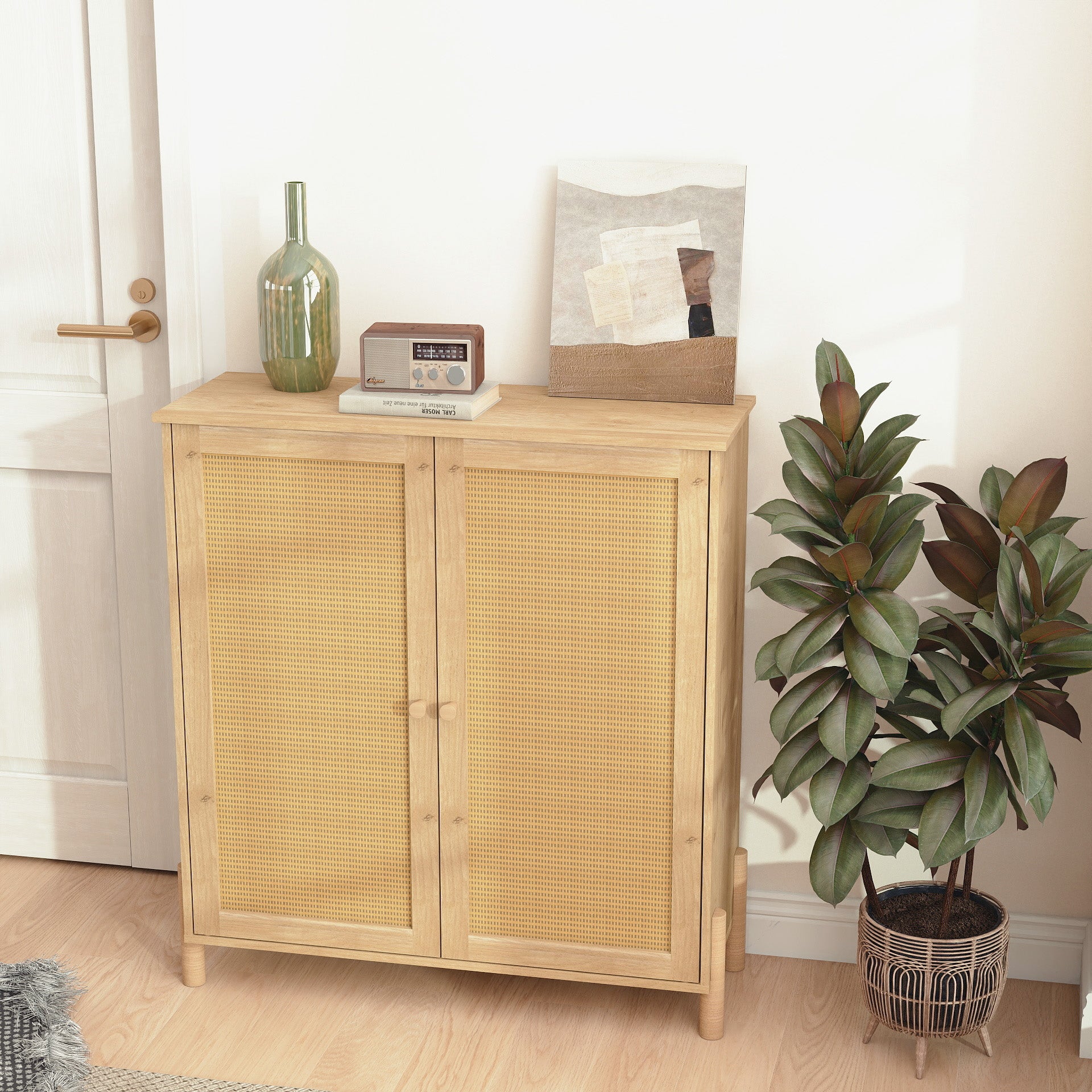 Mid-Century Modern Storage Cabinet with Woven Rattan Doors & Adjustable Shelves - Perfect for Living Room & Dining Room image 4