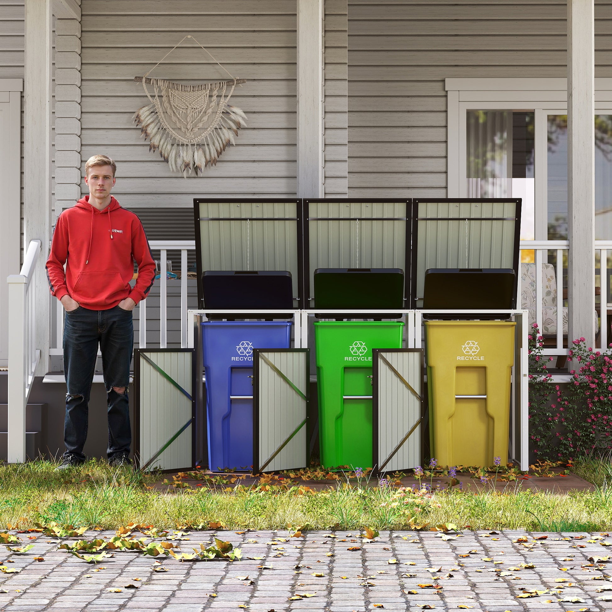 Garbage Bin Shed Stores 3 Trash Cans with Pneumatic Support Rod, with Lockable Doors & Waterproof Lid Chain, for Patio,Garden,Backyard,Grey image 1
