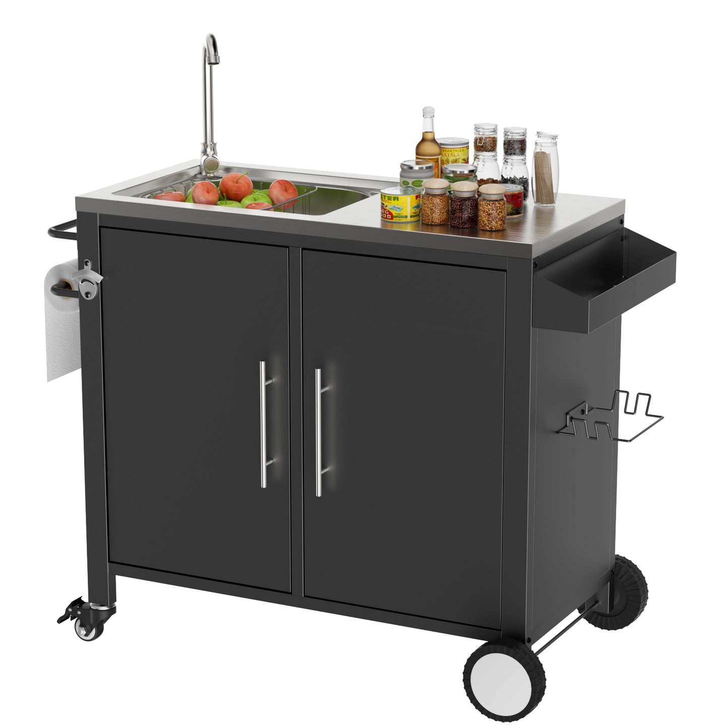 Outdoor Grill Table with Sink, Grill Cart with 304 Stainless Steel Sink and Cabinet, Outdoor Grill Cart,Outdoor Cart Sink Station with Wheels, L38" x W18" x H35" image 3