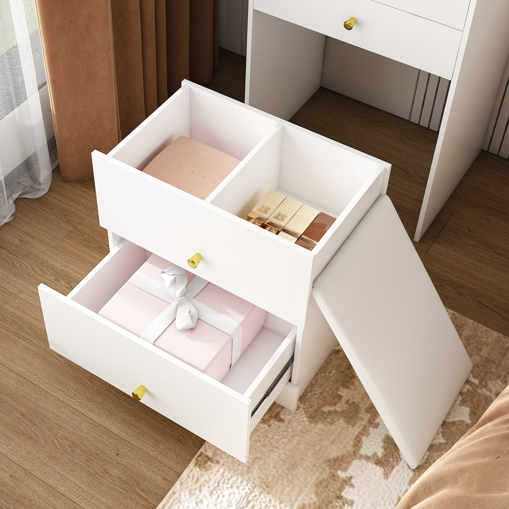 3-in-1 Dressing Table with LED Mirror & Storage Stool - Compact Makeup Vanity with 4 Drawers, Storage Cabinet & Hidden Stool, White Density Board Design, Open Bookshelf for Bedroom Organization image 5
