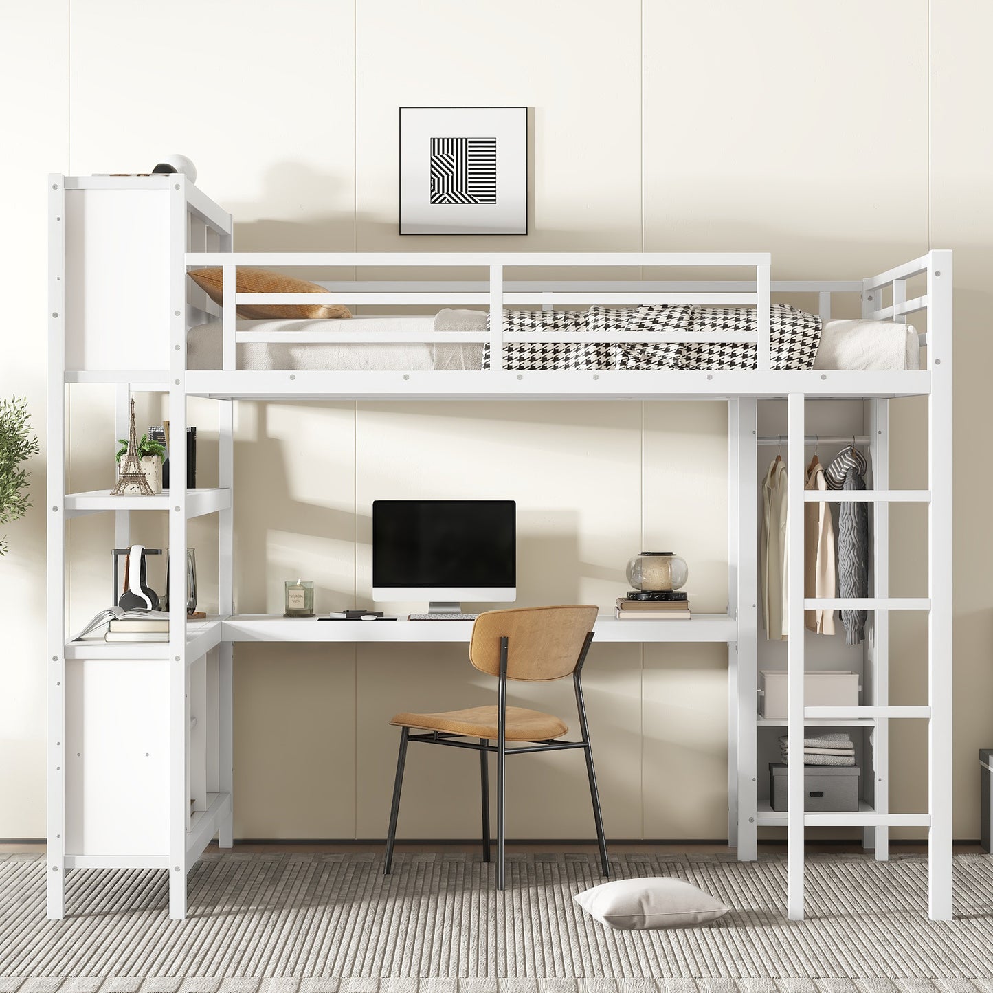 Metal Loft Bed with Wardrobe And L-shaped Desk, Queen Size Loft Bed with Storage Cubes and Shelves, Heavy Duty Loft Bed for Kids Teens Adults, White image 3