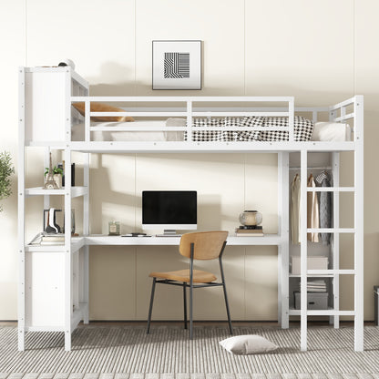 Metal Loft Bed with Wardrobe And L-shaped Desk, Queen Size Loft Bed with Storage Cubes and Shelves, Heavy Duty Loft Bed for Kids Teens Adults, White image 3