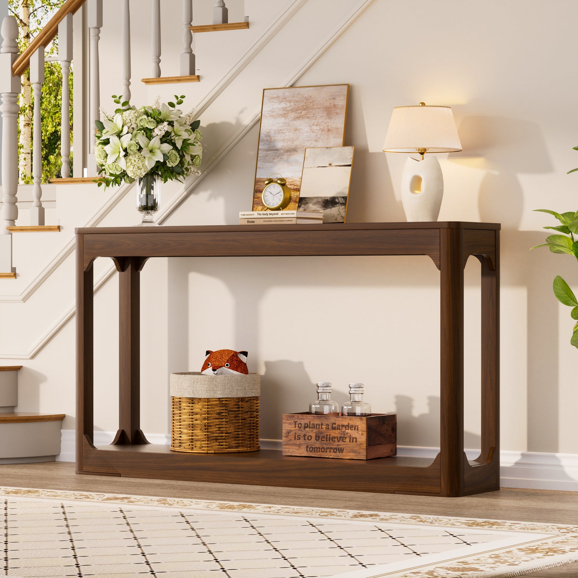 55.1-inch curved-leg storage table, ideal for entryways, slim wooden side table that can be placed behind a sofa, perfect for entryways, hallways, and doorways. Walnut,55.1"L*11.8"W*31.1"H image 4