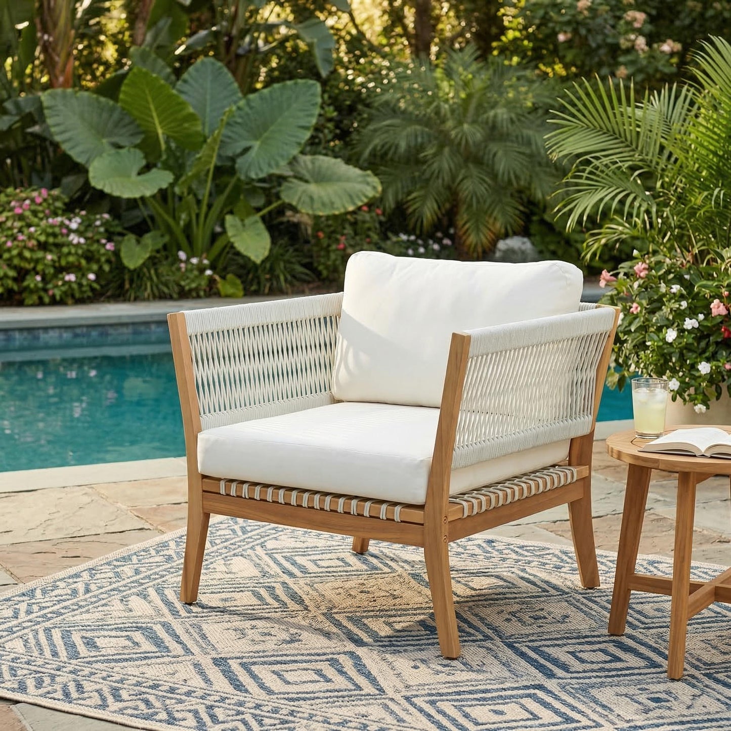 30.3" Outdoor Acacia Wood Patio Chair with Woven Rope Accents, Weather-Resistant Single Lounge Chair with Thick Cushions, Modern Accent Chair for Backyard, Deck, Poolside image 1