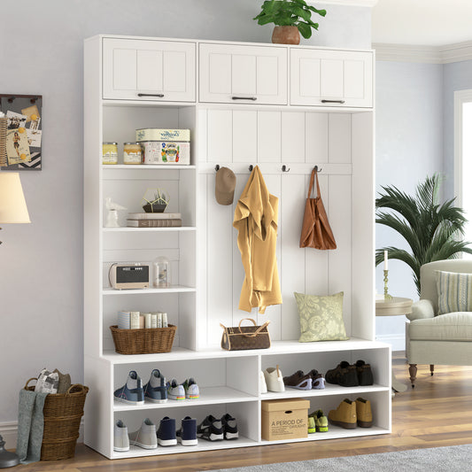 VIBE HAUS 76.9''H Farmhouse Hall Tree with Bench and Shoe Storage, 5-in-1 Entryway Bench with Coat Rack, Modern Entryway Storage Organizer Cabinet with 4 Hooks for Hallway, Entryway, Living Room image 1