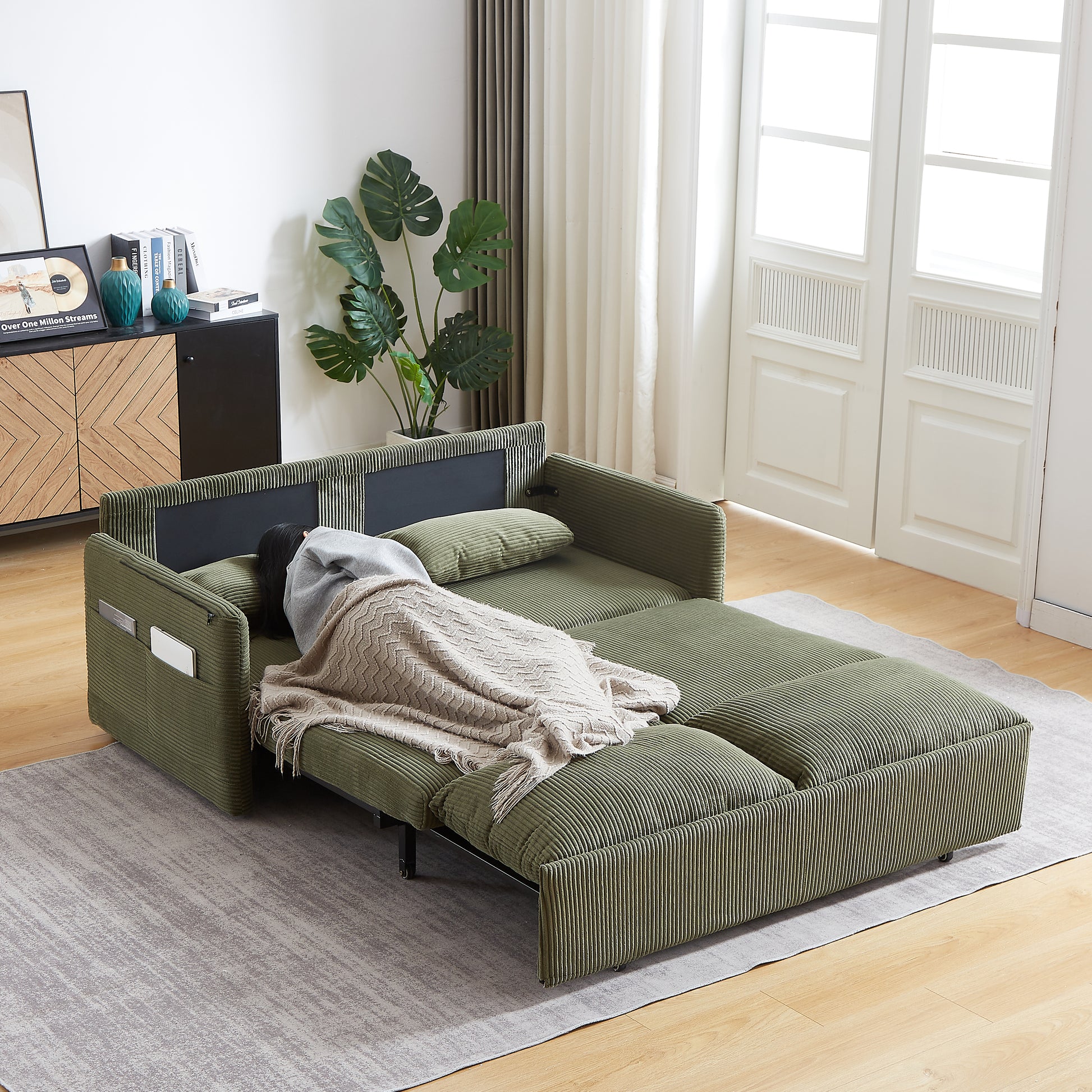 MH'' 64.5 Inch Sleeper Sofa Bed 3-in-1 Adjustable Sleeper with Pullout Bed 2 Pillows and Side Pockets Soft Corduroy Convertible Sleeper Sofa Bed for Living Room Bedroom Apartment Office image 2