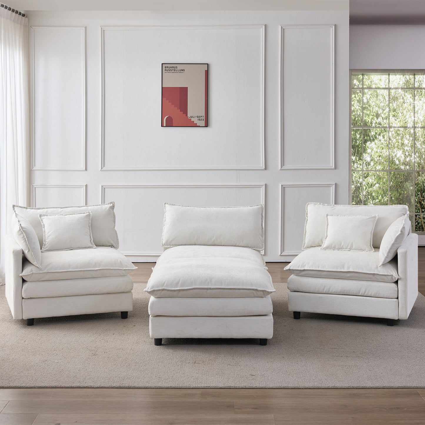 105" Modular Sectional Couch,Upholstered Soft Chenille Fabric Sofa,3 Seater with Ottoman L Shape Sofa Beige image 5