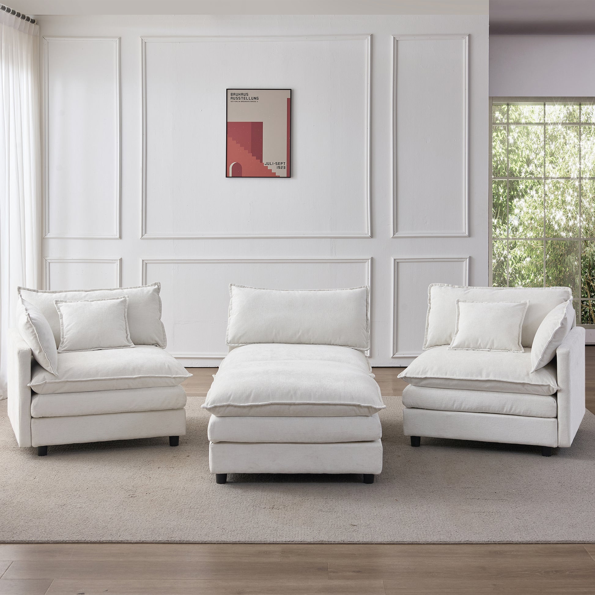 105" Modular Sectional Couch,Upholstered Soft Chenille Fabric Sofa,3 Seater with Ottoman L Shape Sofa Beige image 5
