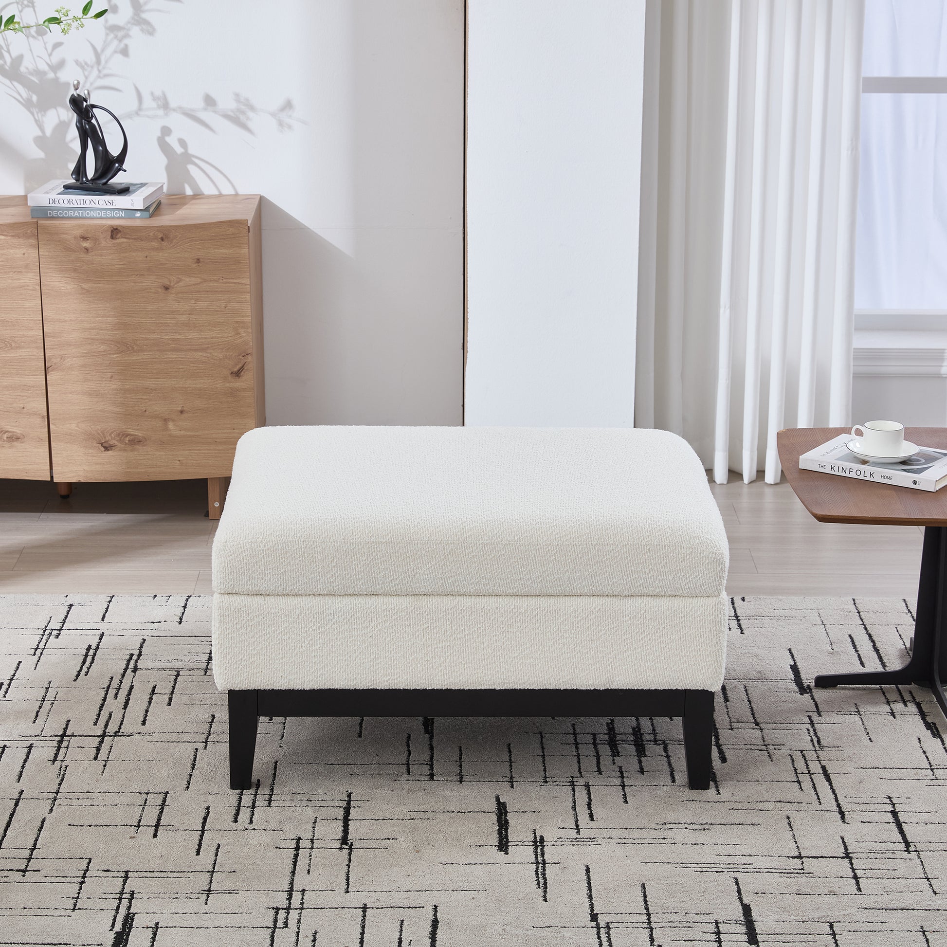 33.86"W Upholstered Wood Base Storage Ottoman With Reversible Lid Coffee Table, Foot Stool Square Footrest with Rubberwood Legs for Living Room Bedroom Entryway and Office, Ivory Boucle. image 2
