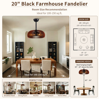 20" Pumpkin Wood Ceiling Fan, Rustic Farmhouse Plywood Fandelier with 6 E12 Sockets, Reversible DC Motor, Adjustable Hanging, 6 Speeds Remote Control Ceiling Fan for Dining Room Kitchen image 12