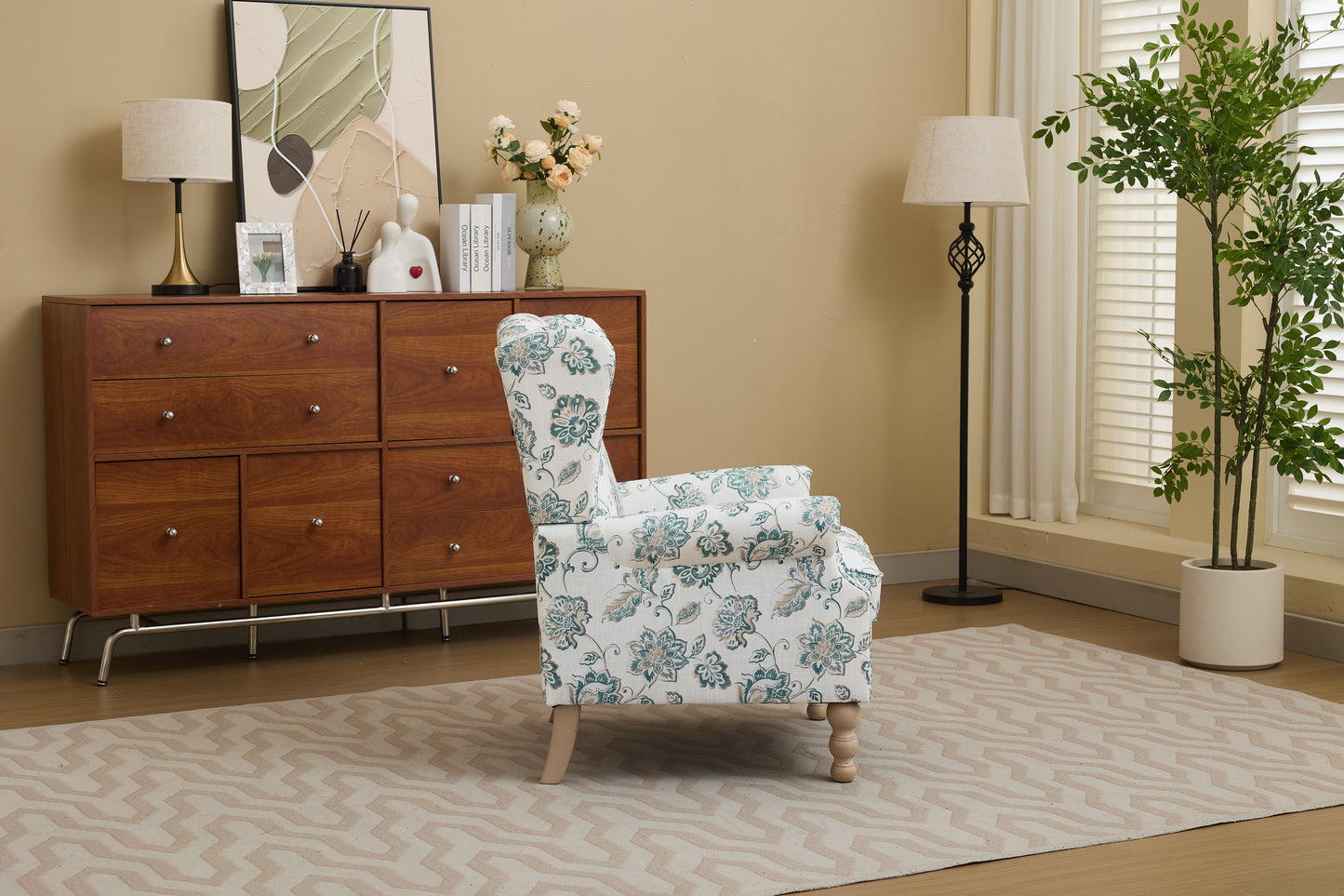 Modern Accent Chair with Retro Wood Legs, Comfy Upholstered Armchair, Floral Design Single Sofa Chair for Living Room Bedroom Office image 5