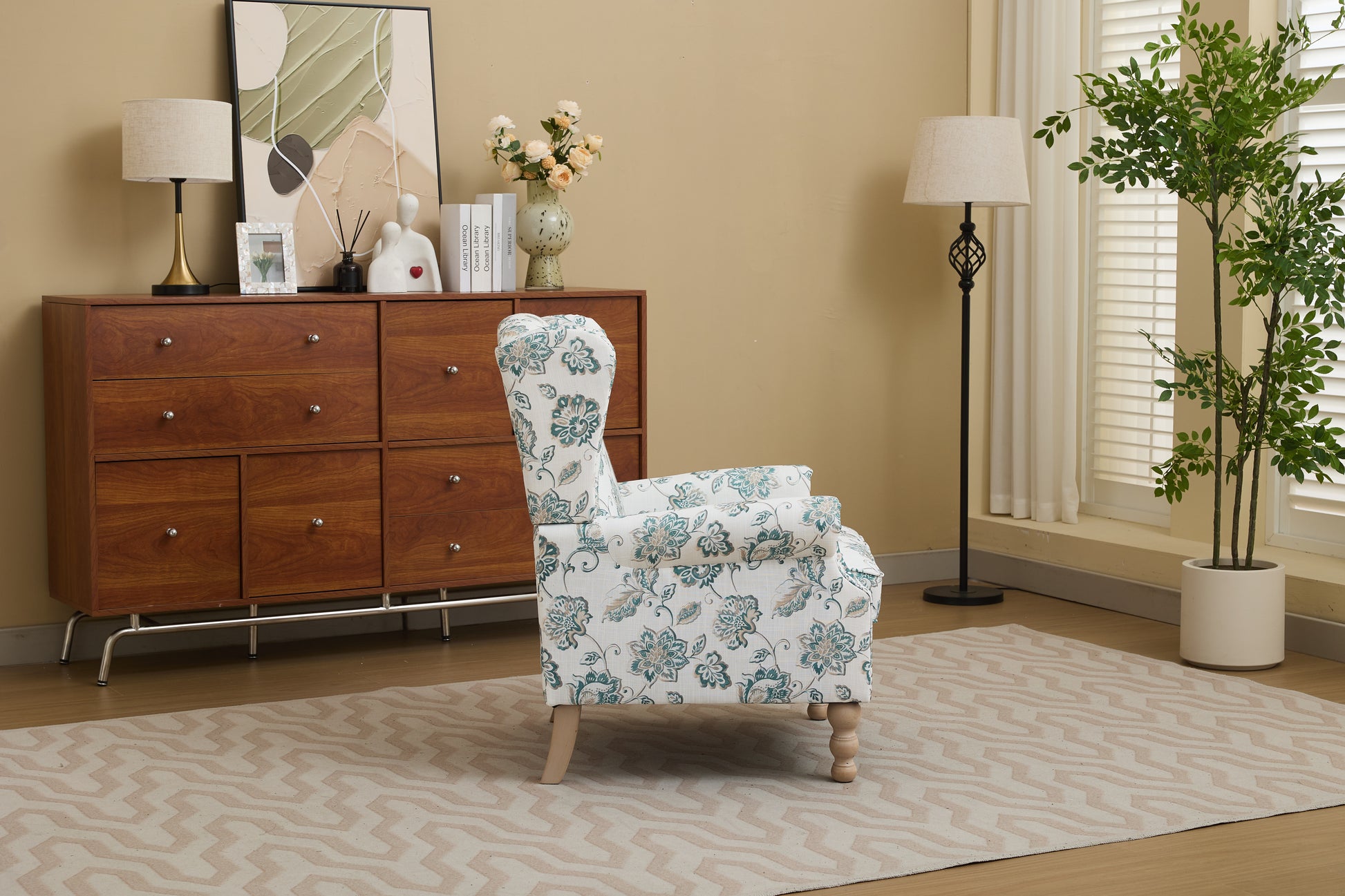 Modern Accent Chair with Retro Wood Legs, Comfy Upholstered Armchair, Floral Design Single Sofa Chair for Living Room Bedroom Office image 5